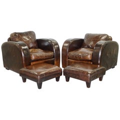Pair of Freestyle London Aged Brown Heritage Leather Club Armchairs & Footstools