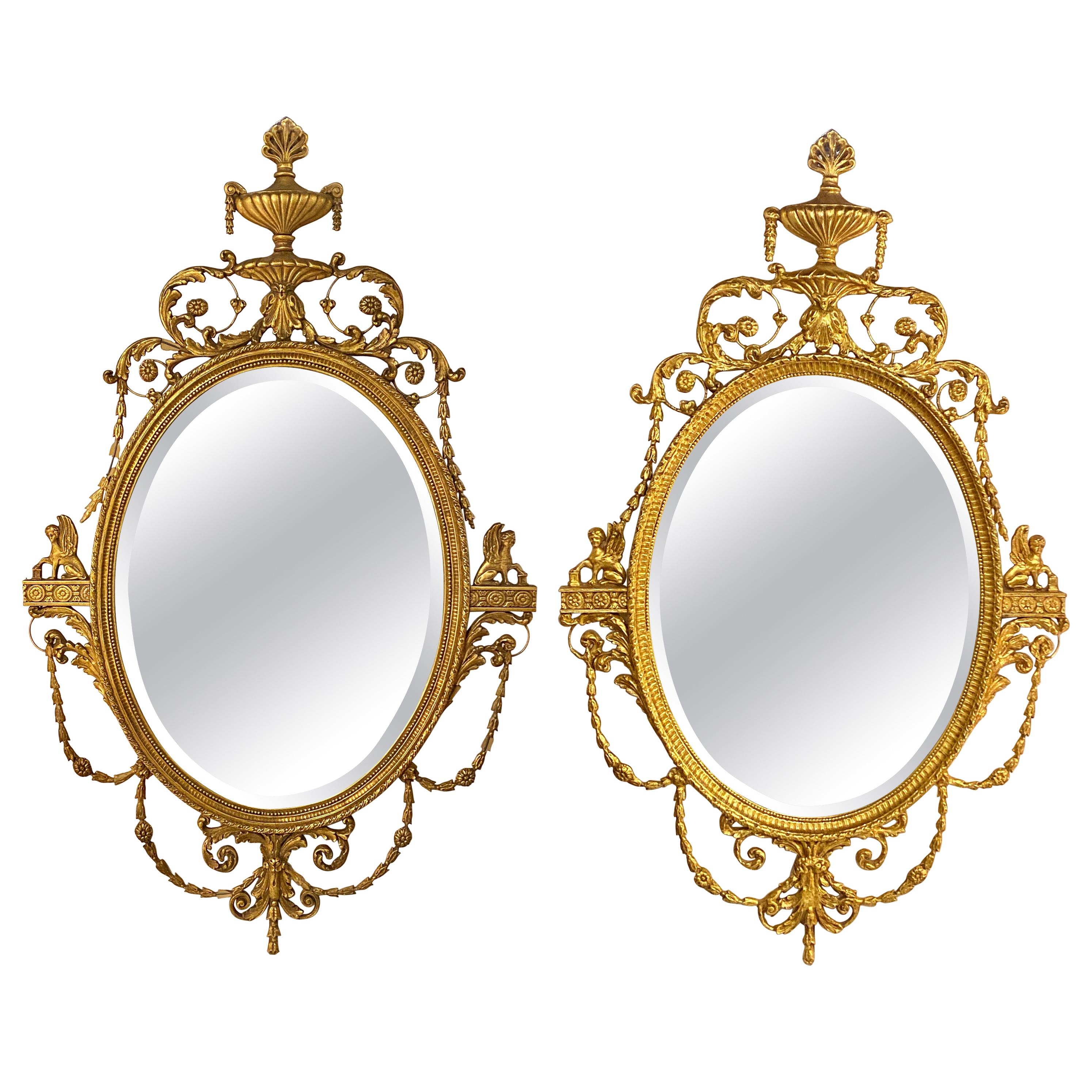 Pair of Freidman Brothers Compatible Sphinx Gilt Gold Beveled Oval Wall Mirrors