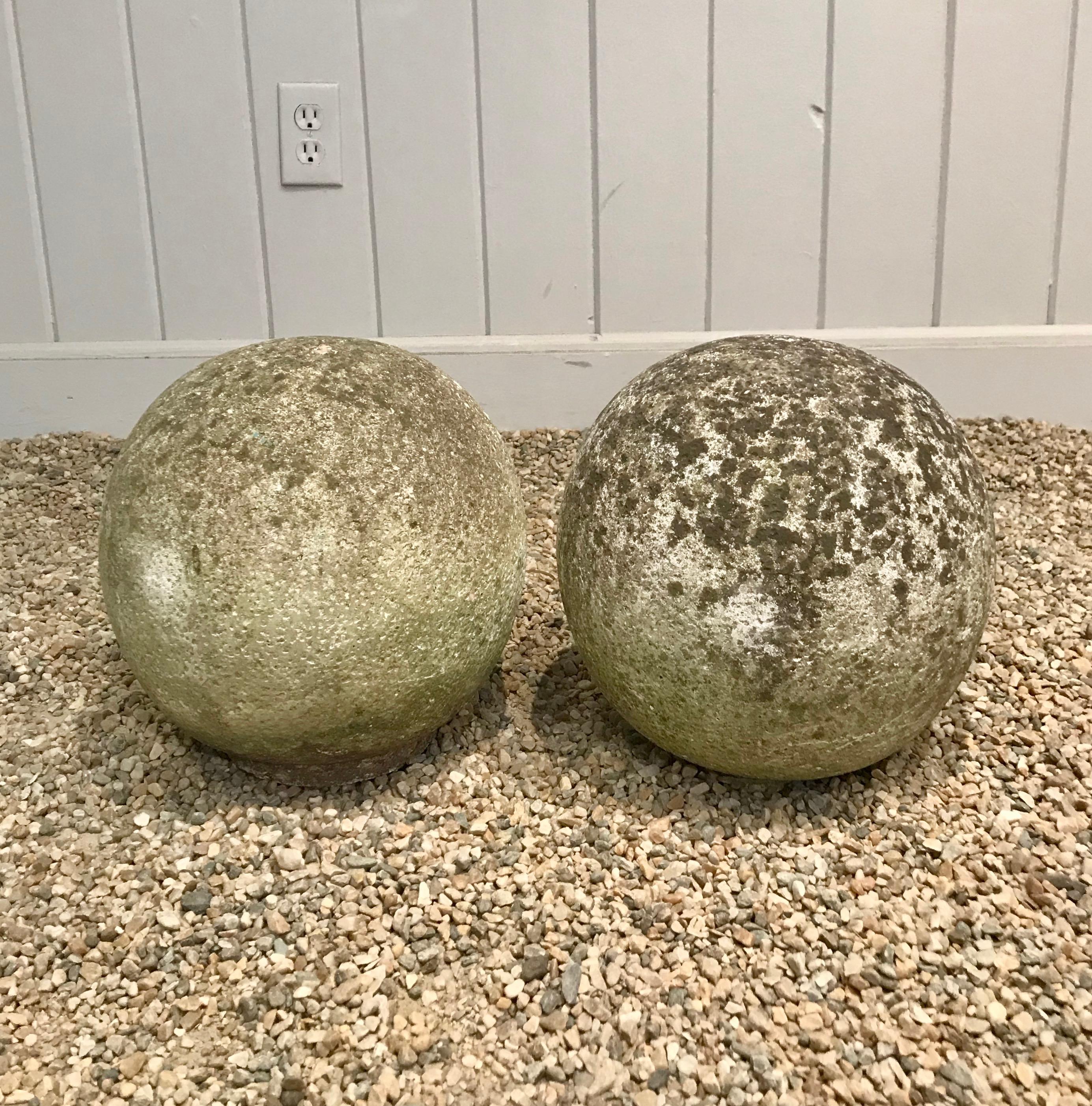 20th Century Pair of French Mossy Cast Stone Balls