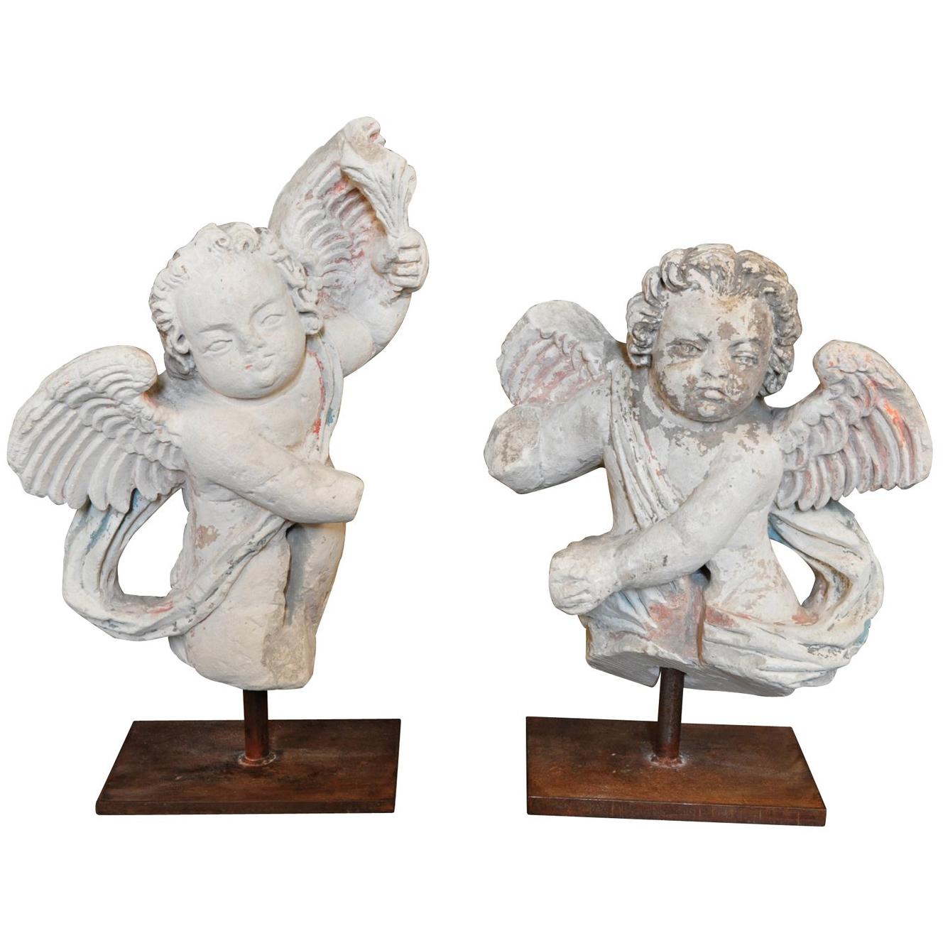 Pair of French 15th Century Stone Angel Statues