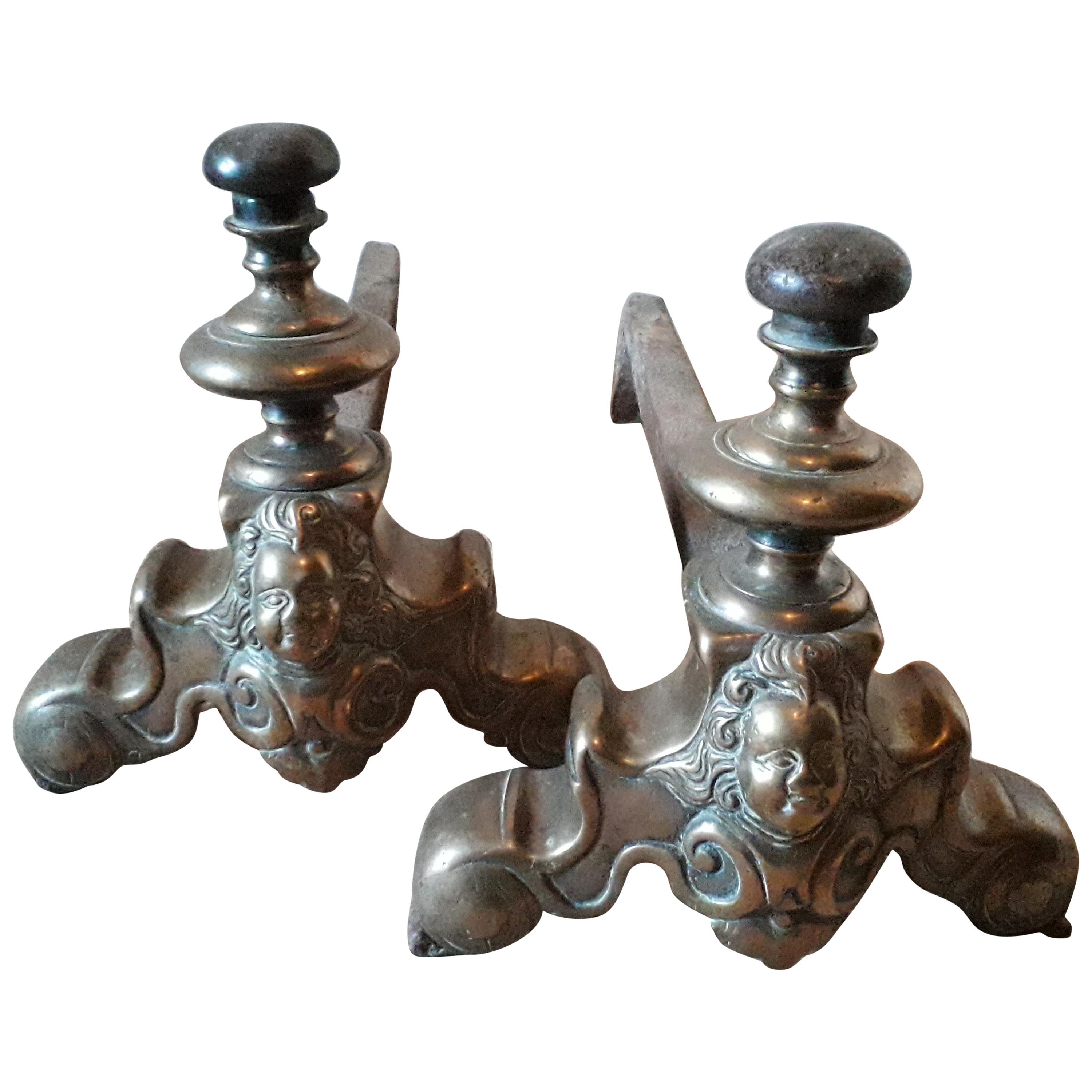 Pair of French 17th Century Andirons in Bronze Marmouset For Sale
