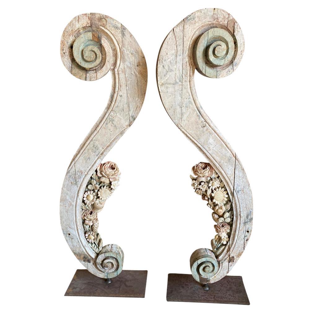 An exquisite pair of 17th century decorative sculptures expertly carved from painted oak from the South of France. Beautiful 