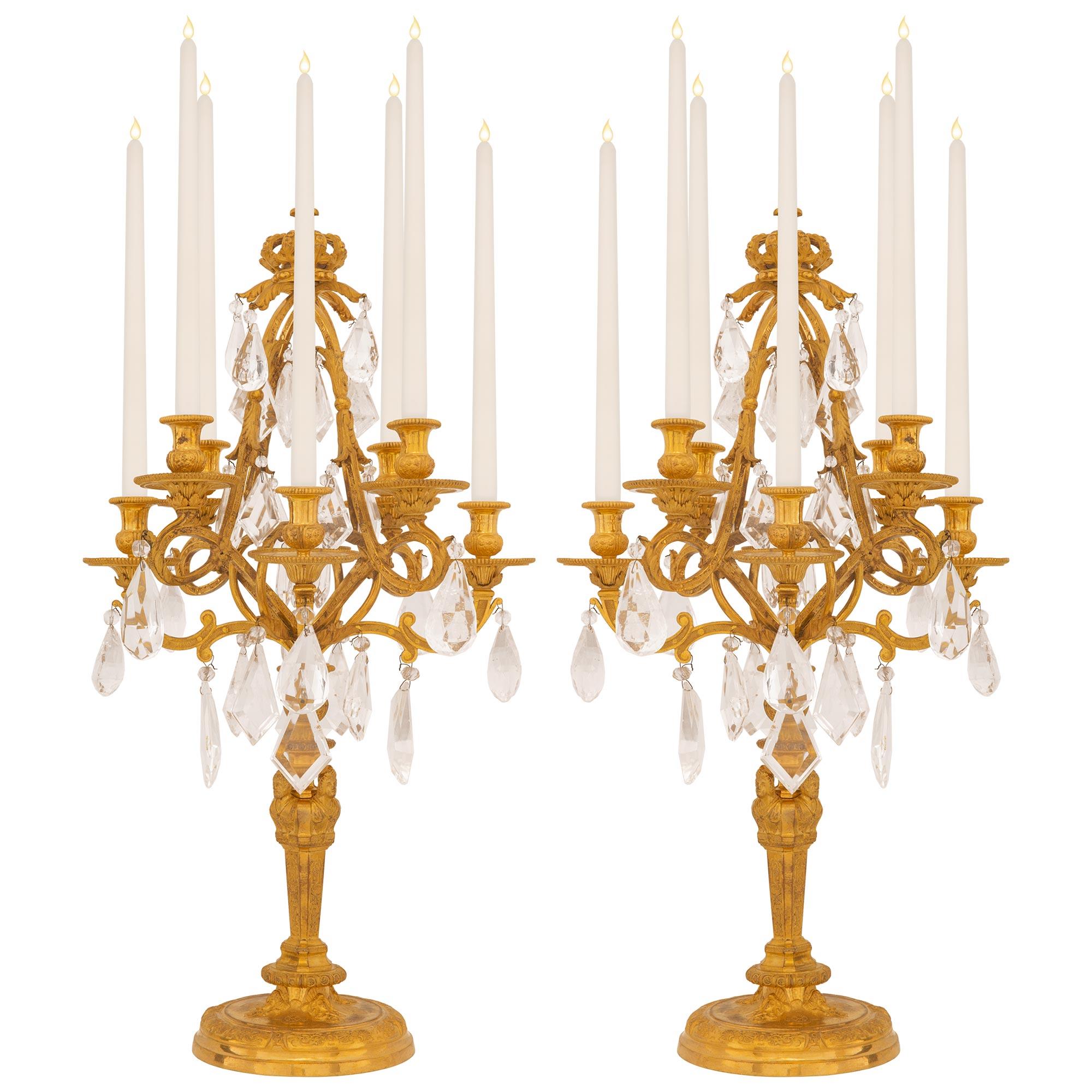Pair Of French 17th Century Louis XIV Period Ormolu And Rock Crystal Candelabras For Sale 4