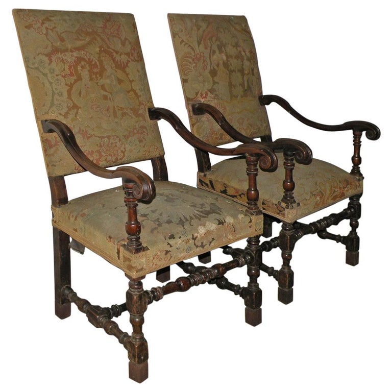 Pair of French 17th Century Louis XIV Walnut Armchairs For Sale at