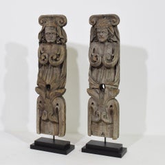 Pair of French 17th Century Weathered Oak Renaissance Ornaments