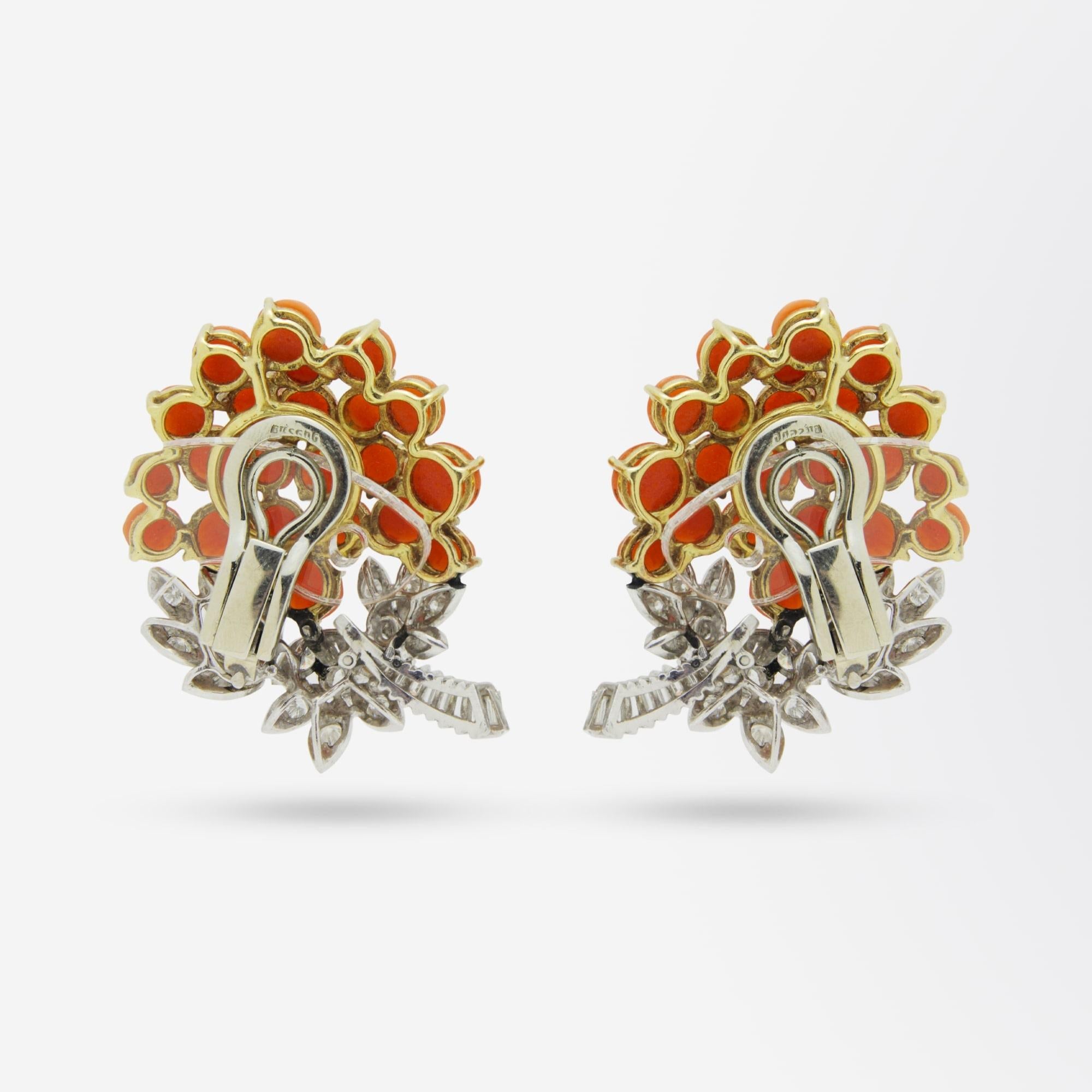 An exquisite pair of mid century, coral and diamond ear clips mounted in 18 karat yellow and white gold. Each clip contains 22 perfectly matched pieces of round cabochon cut coral, accented by brilliant cut and baguette cut diamonds. The fittings to