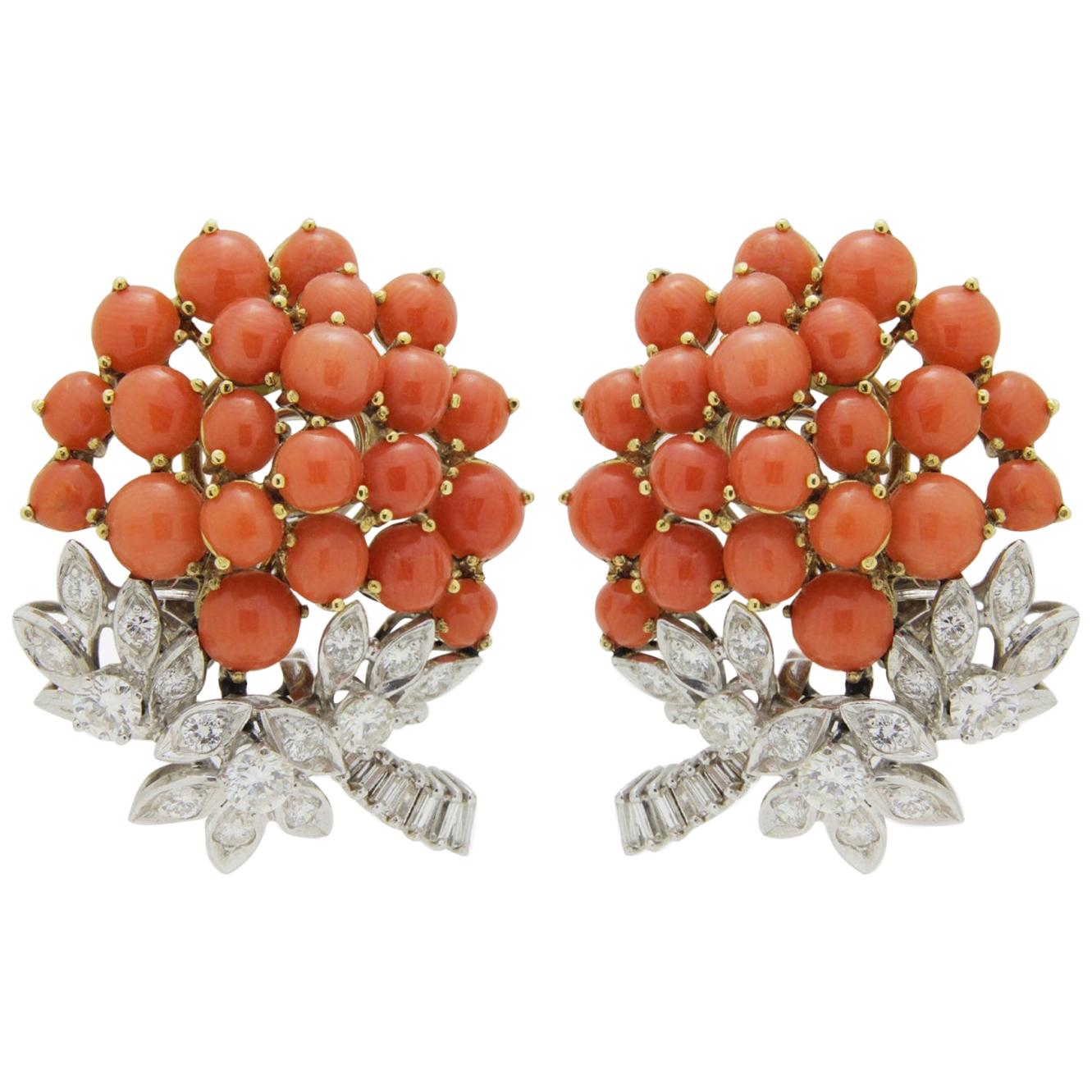 Pair of French, 18 Karat Gold, Coral and Diamond Ear Clips