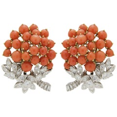 Pair of French, 18 Karat Gold, Coral and Diamond Ear Clips