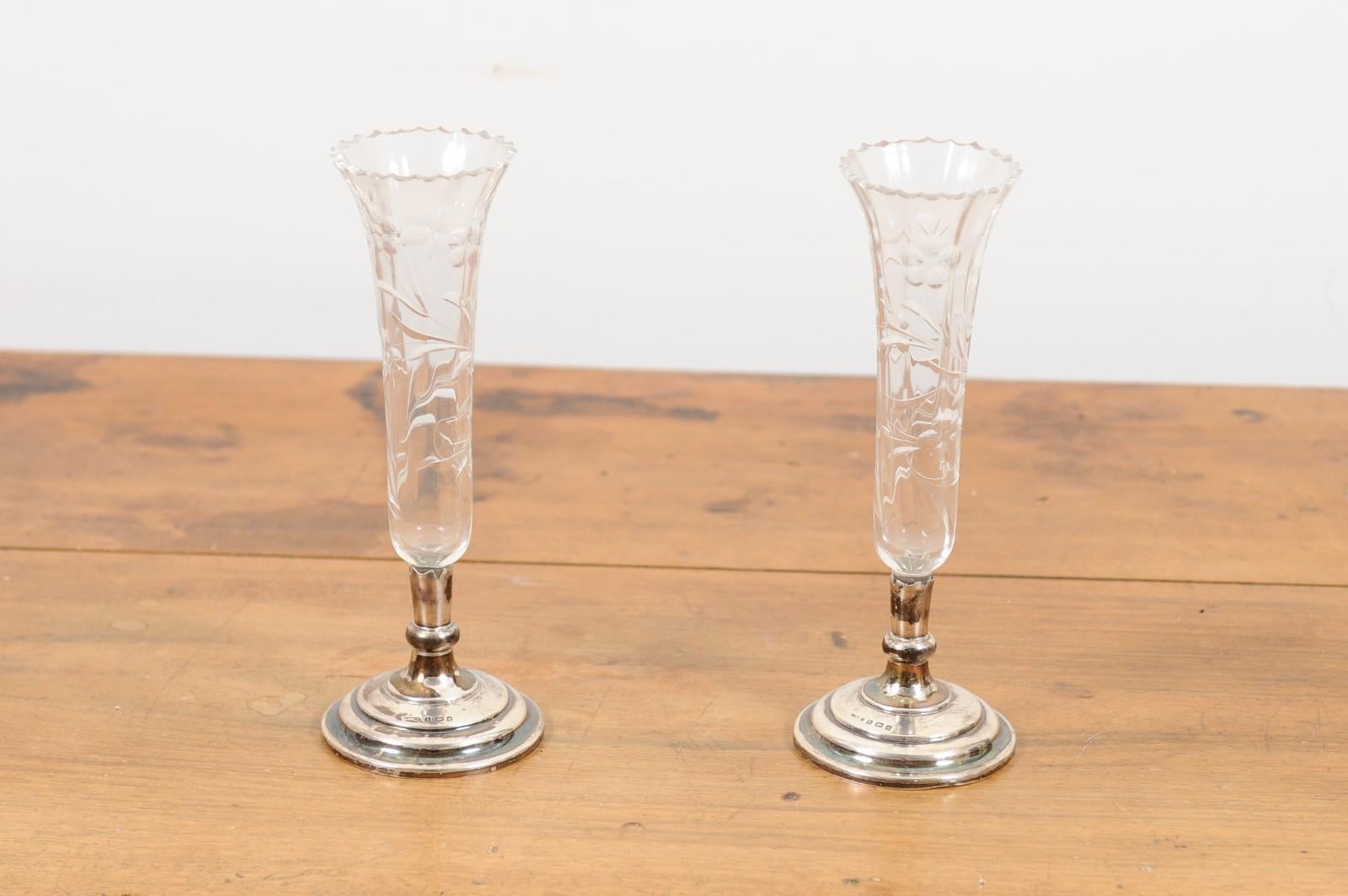 Pair of French 1820s Restauration Period Crystal Bud Vases with Silver Bases 3