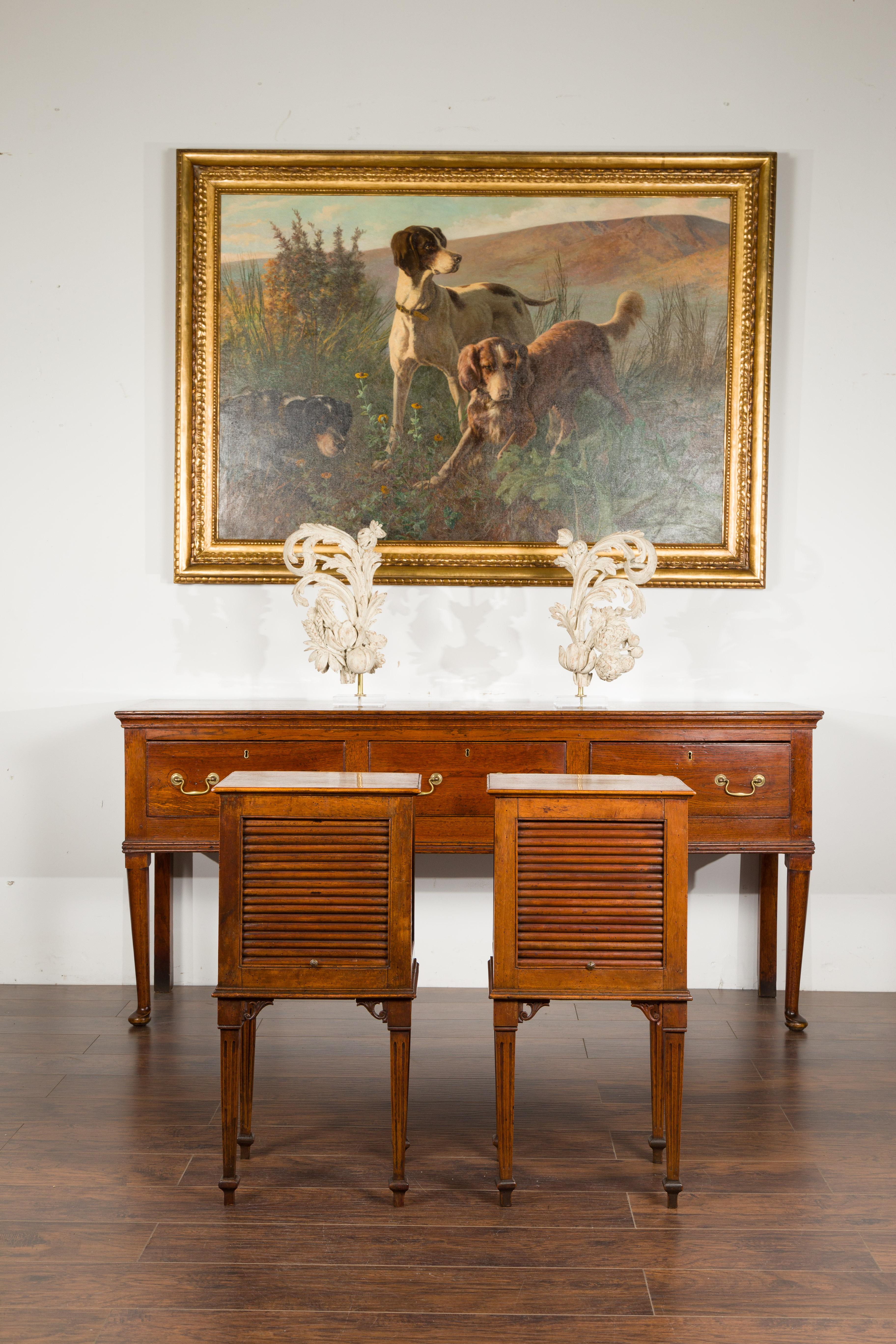 Pair of French 1830s Restauration Walnut Tambour Door Tables with Tapered Legs In Good Condition In Atlanta, GA