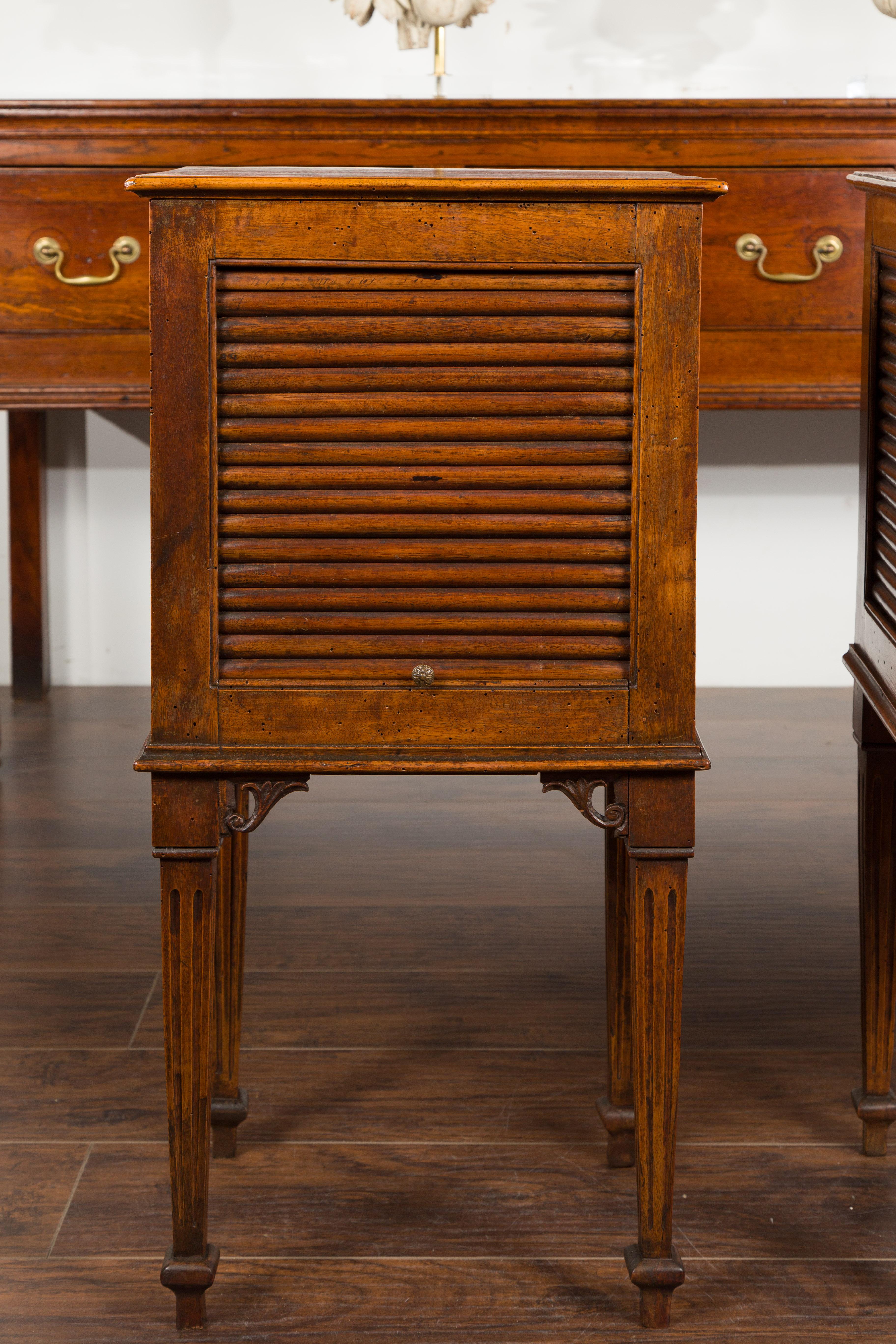 19th Century Pair of French 1830s Restauration Walnut Tambour Door Tables with Tapered Legs