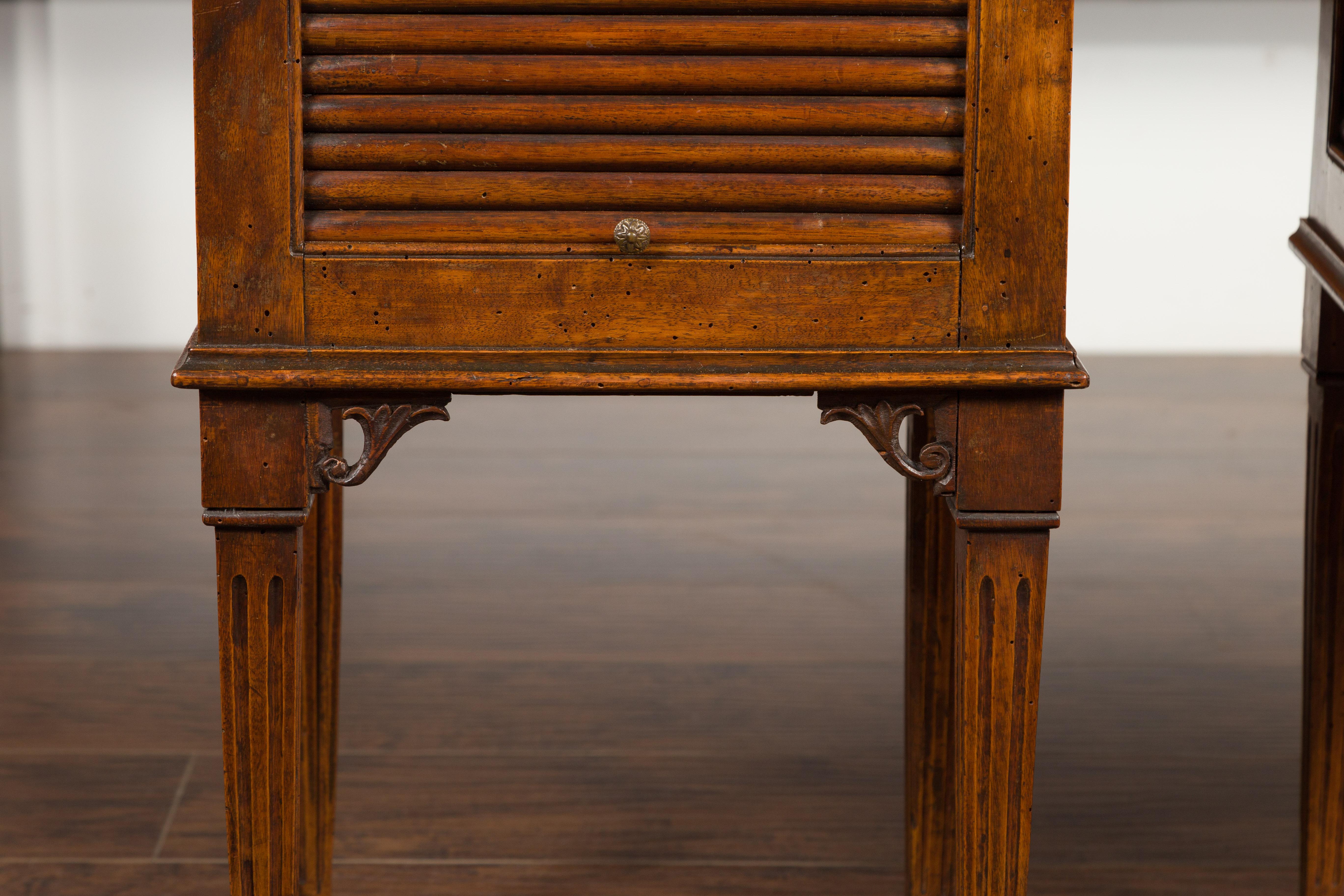 Pair of French 1830s Restauration Walnut Tambour Door Tables with Tapered Legs 2