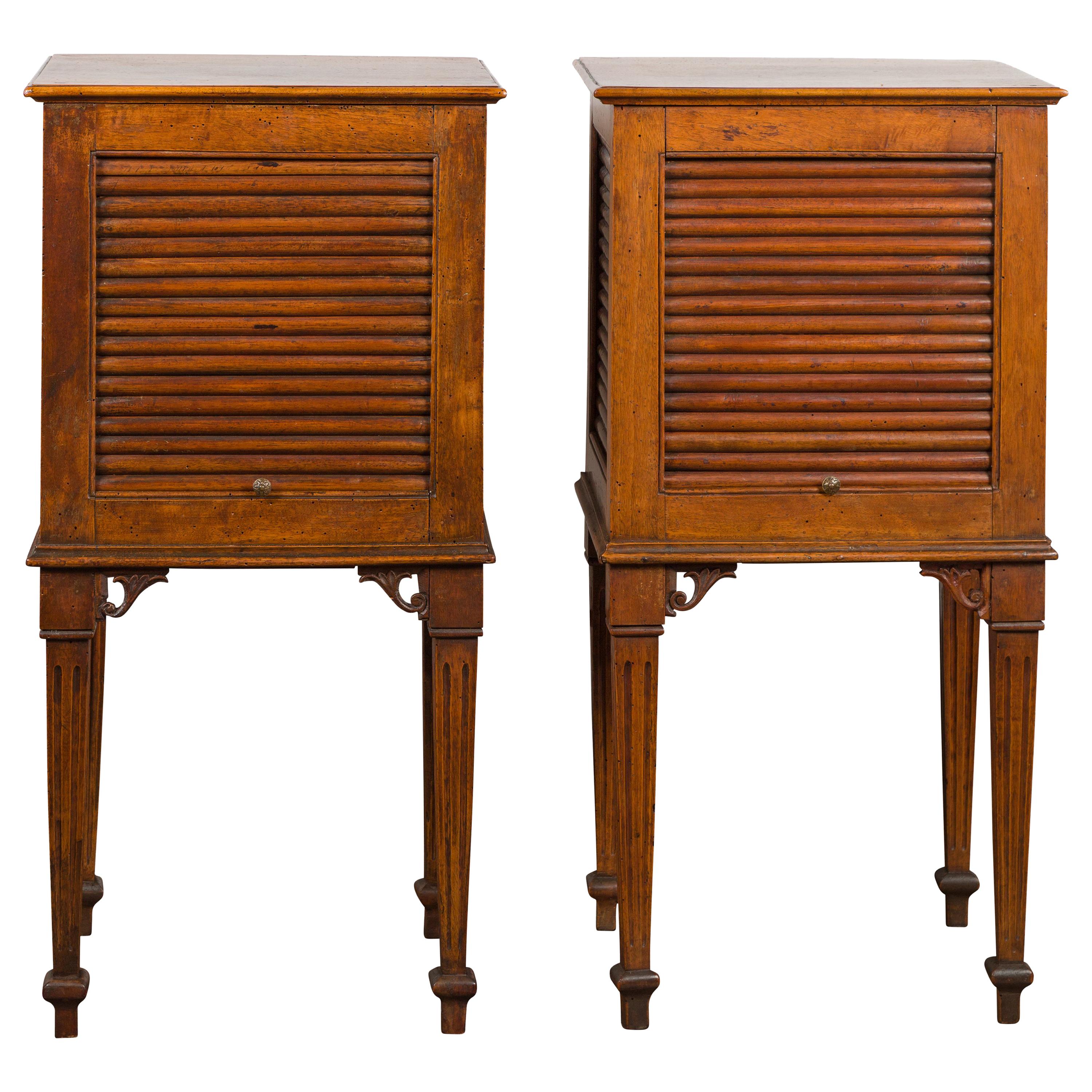 Pair of French 1830s Restauration Walnut Tambour Door Tables with Tapered Legs