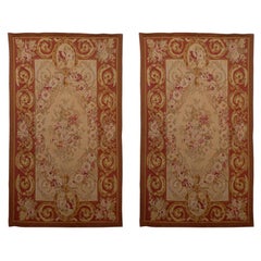 Antique Pair of French 1850s Aubusson Floral Tapestries with Rinceaux Arabesques