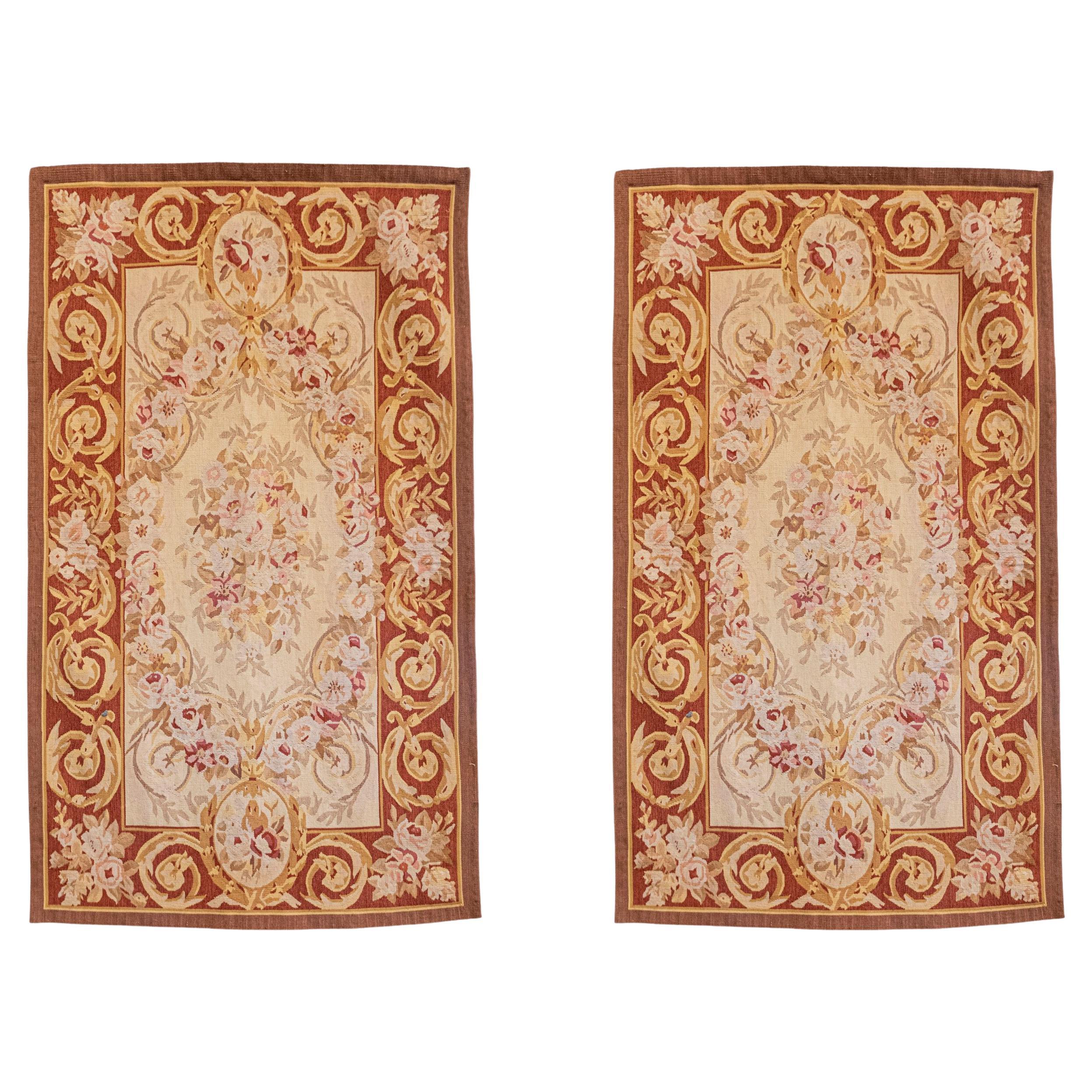 Pair of French 1850s Aubusson Floral Tapestries with Rinceaux Arabesques For Sale