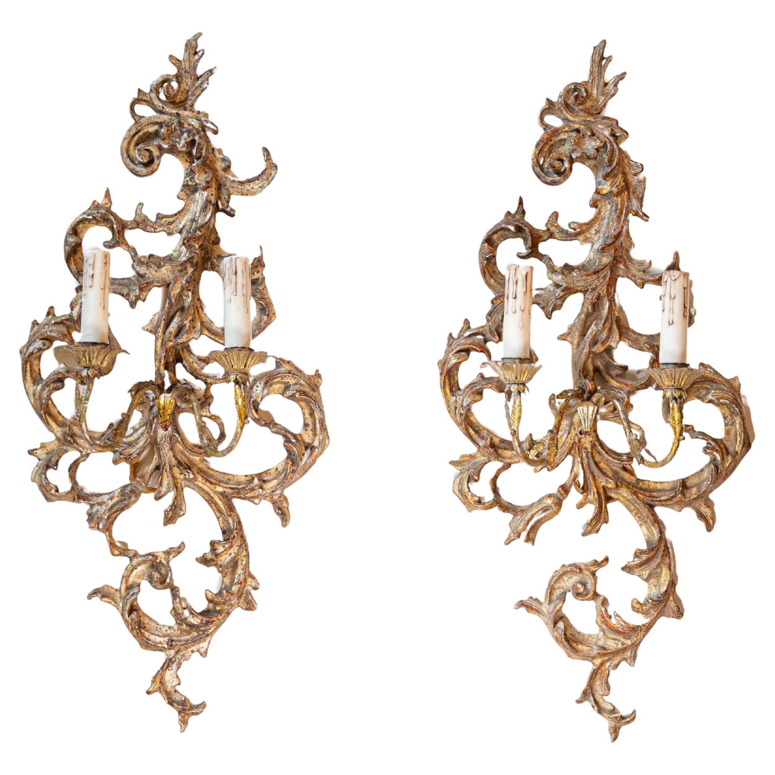 Pair of French 1850s Rococo Revival Giltwood Two-Light Sconces