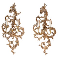 Pair of French 1850s Rococo Revival Giltwood Two-Light Sconces