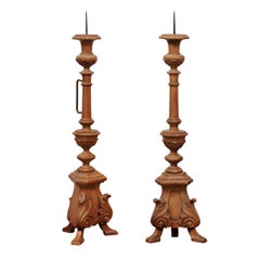 Pair of French 1860s Napoléon III Carved Wood Candlesticks with Acanthus Leaves