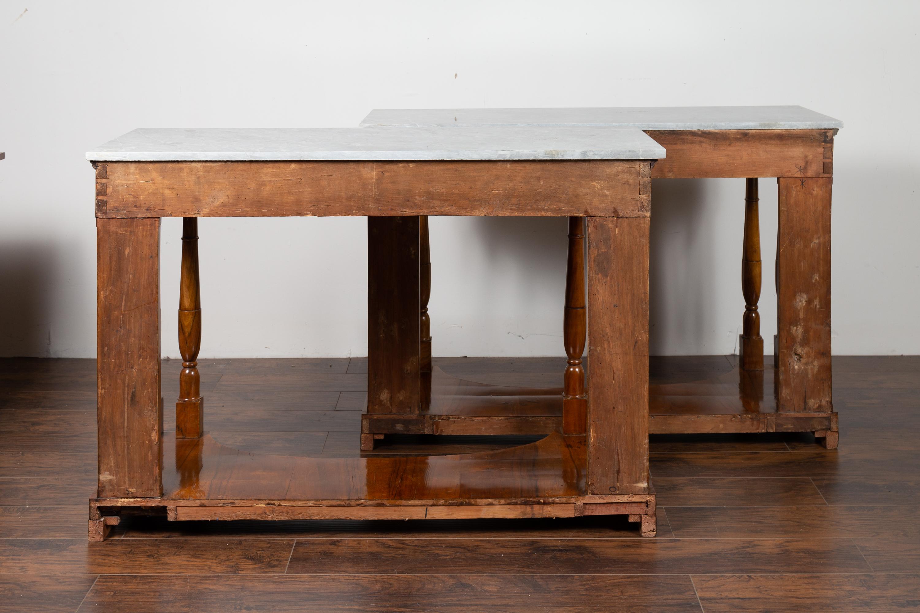 Pair of French 1860s Napoleon III Period Walnut Console Tables with Marble Tops For Sale 6