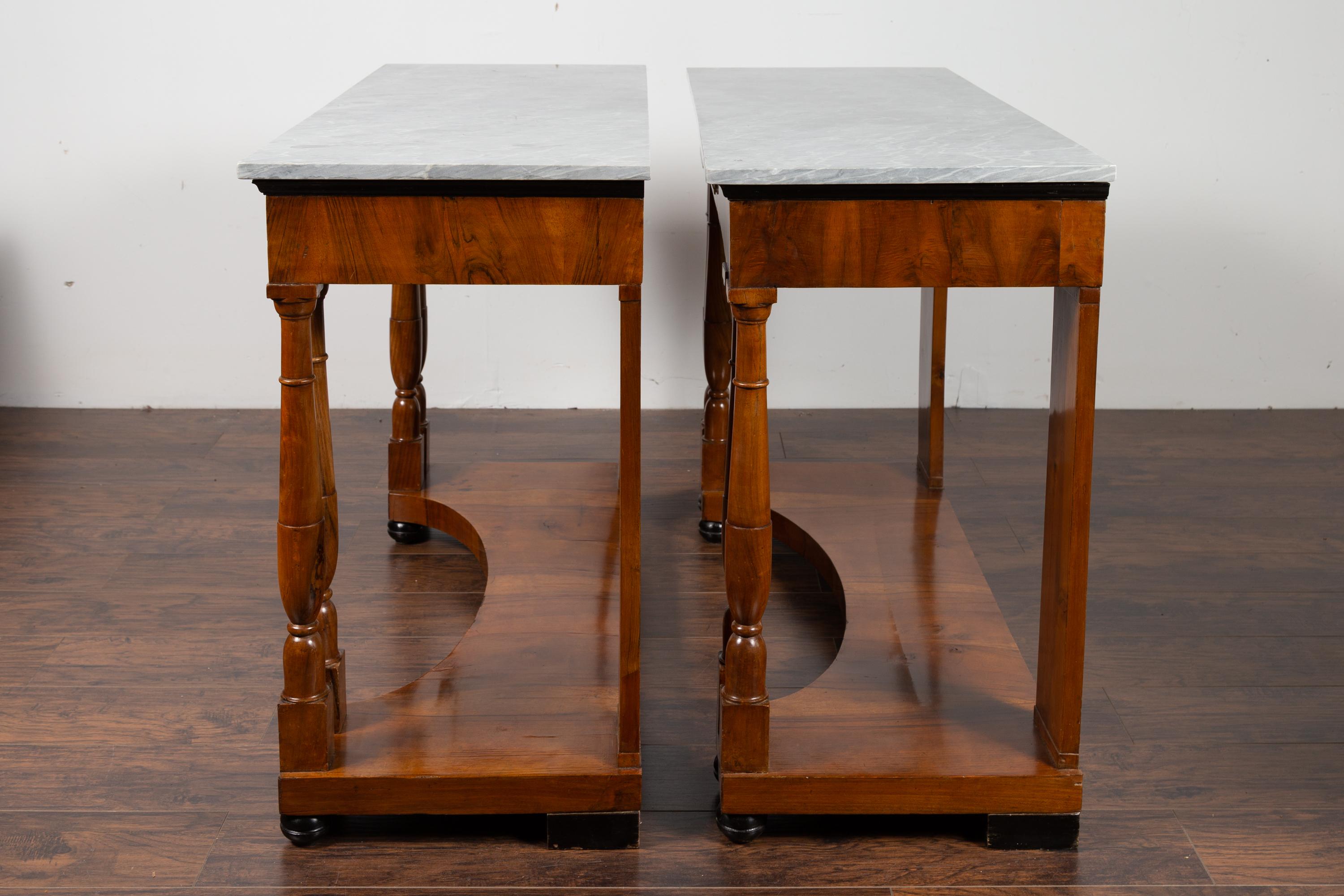 Pair of French 1860s Napoleon III Period Walnut Console Tables with Marble Tops For Sale 7