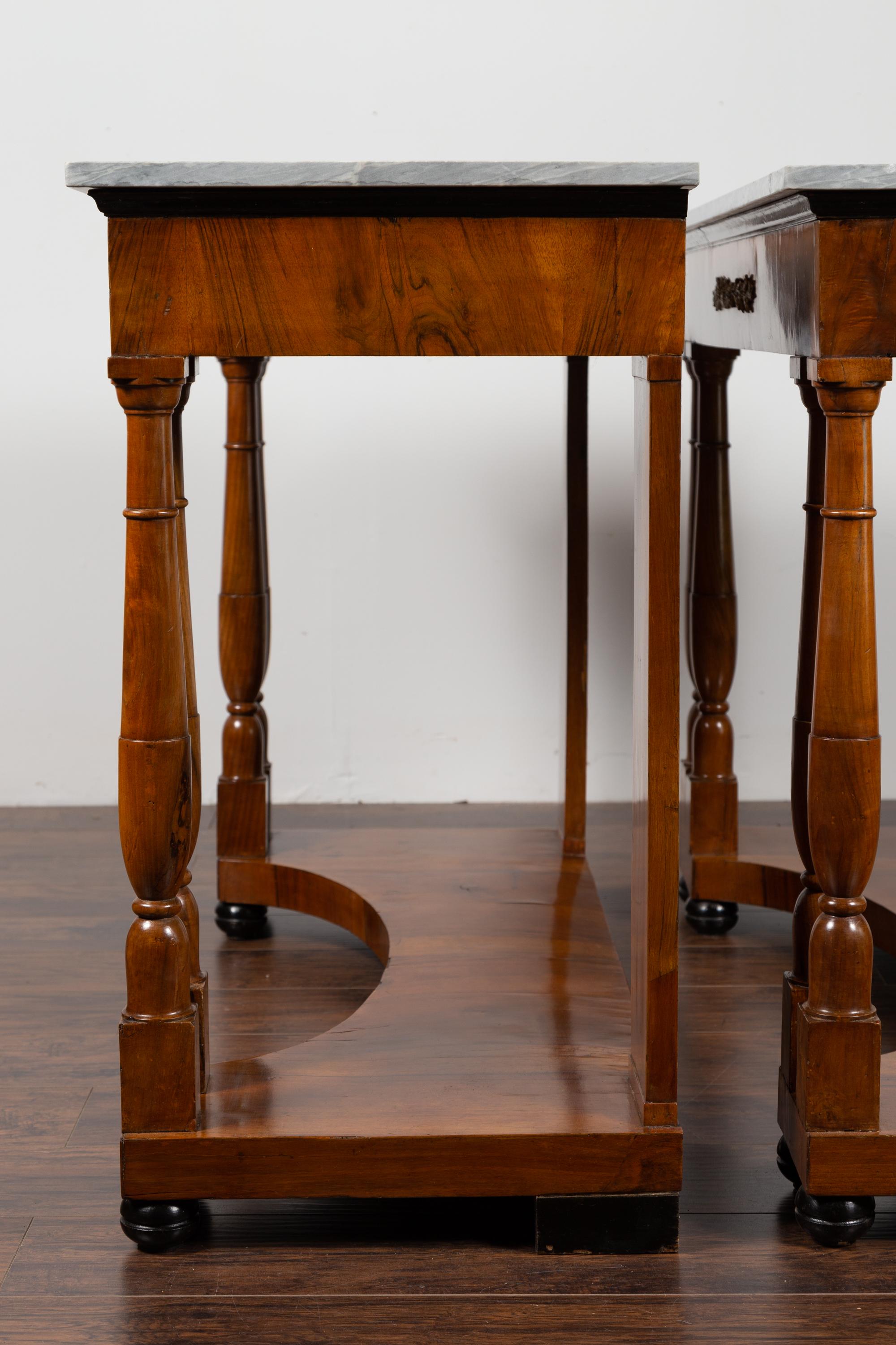 Pair of French 1860s Napoleon III Period Walnut Console Tables with Marble Tops For Sale 8