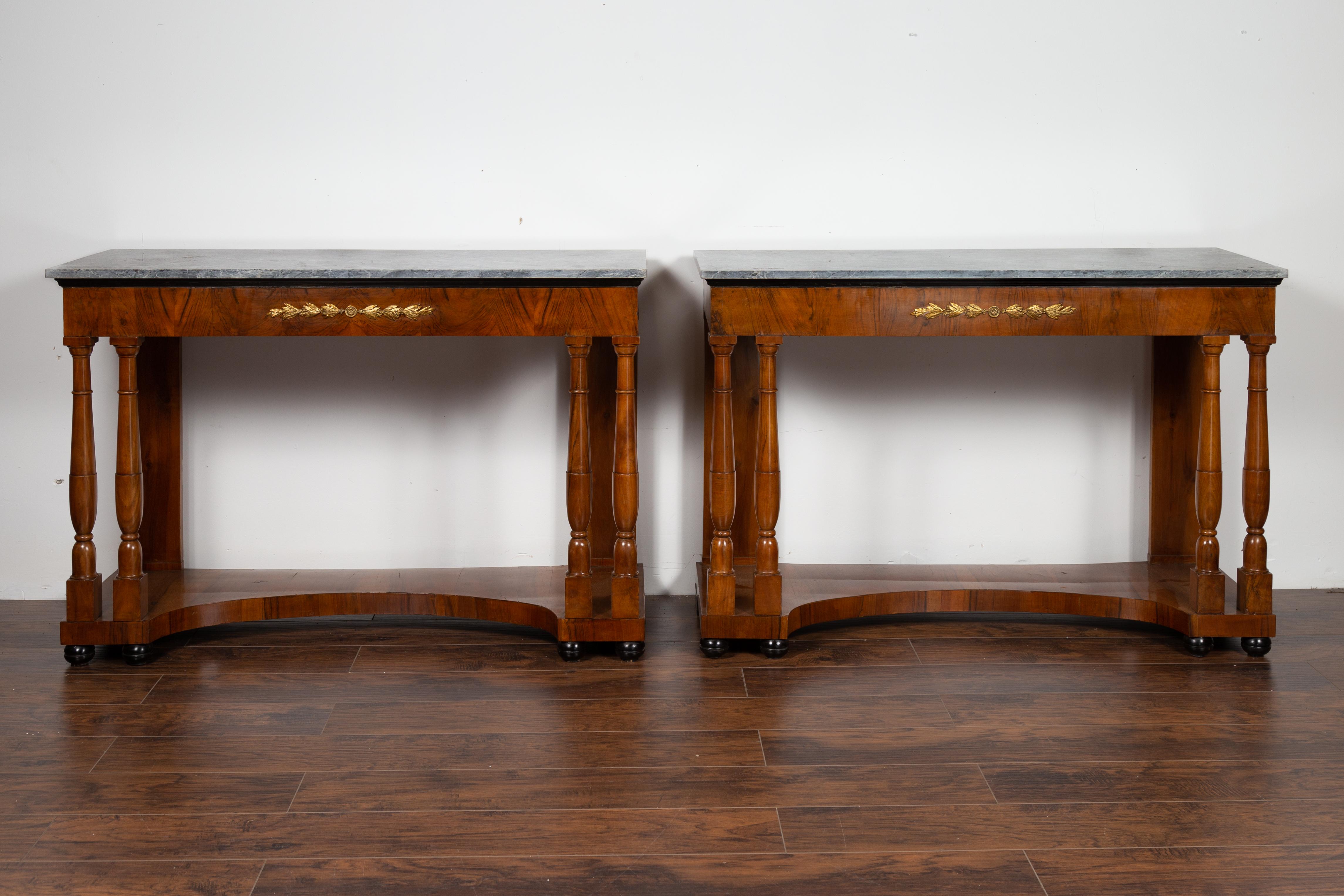 Pair of French 1860s Napoleon III Period Walnut Console Tables with Marble Tops For Sale 11