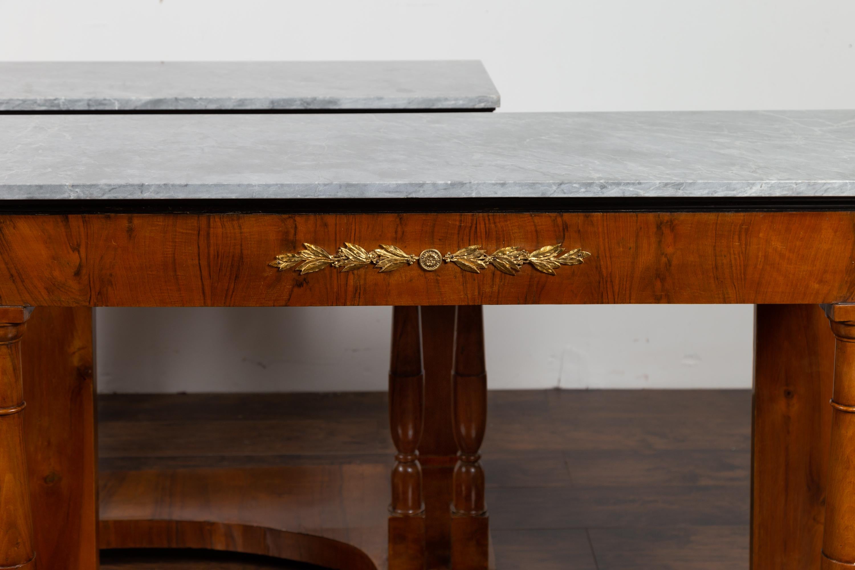 Pair of French 1860s Napoleon III Period Walnut Console Tables with Marble Tops In Good Condition For Sale In Atlanta, GA