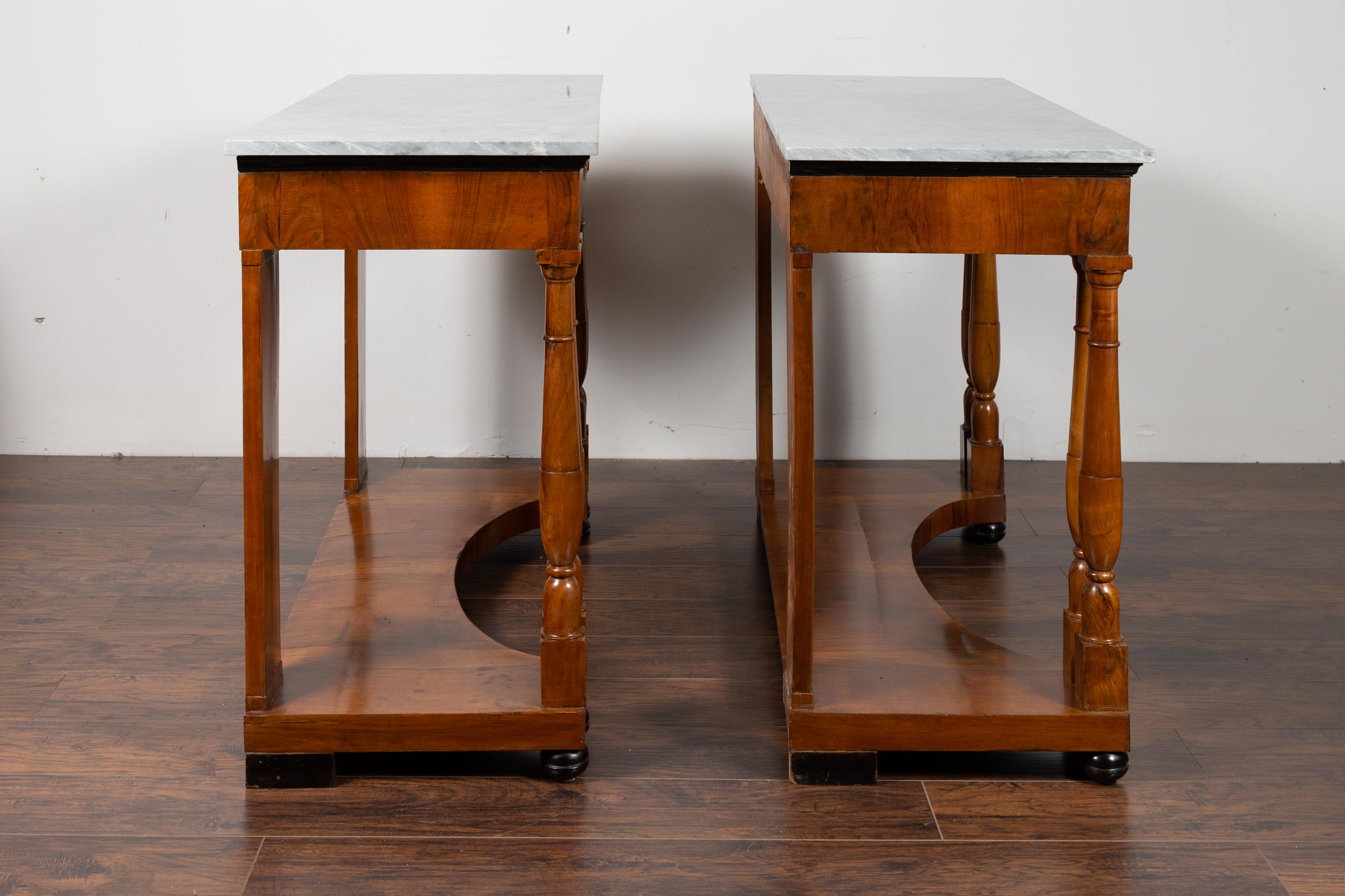 Pair of French 1860s Napoleon III Period Walnut Console Tables with Marble Tops For Sale 3