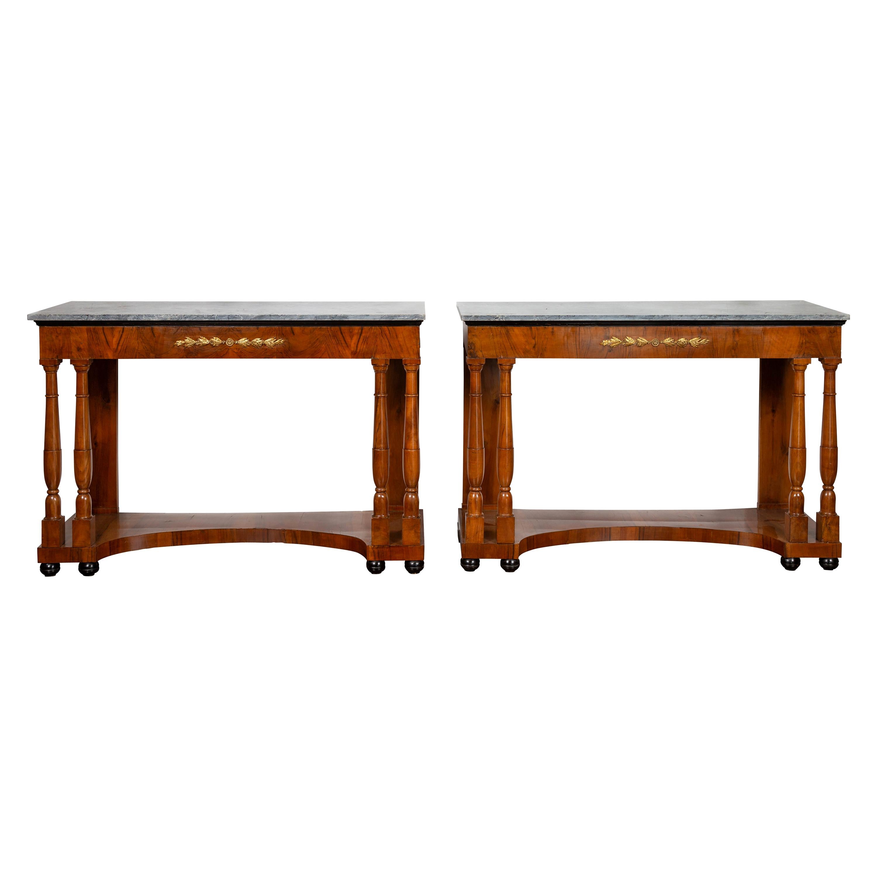 Pair of French 1860s Napoleon III Period Walnut Console Tables with Marble Tops