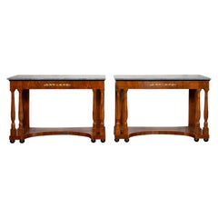 Antique Pair of French 1860s Napoleon III Period Walnut Console Tables with Marble Tops