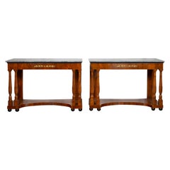 Pair of French 1860s Napoleon III Period Walnut Console Tables with Marble Tops