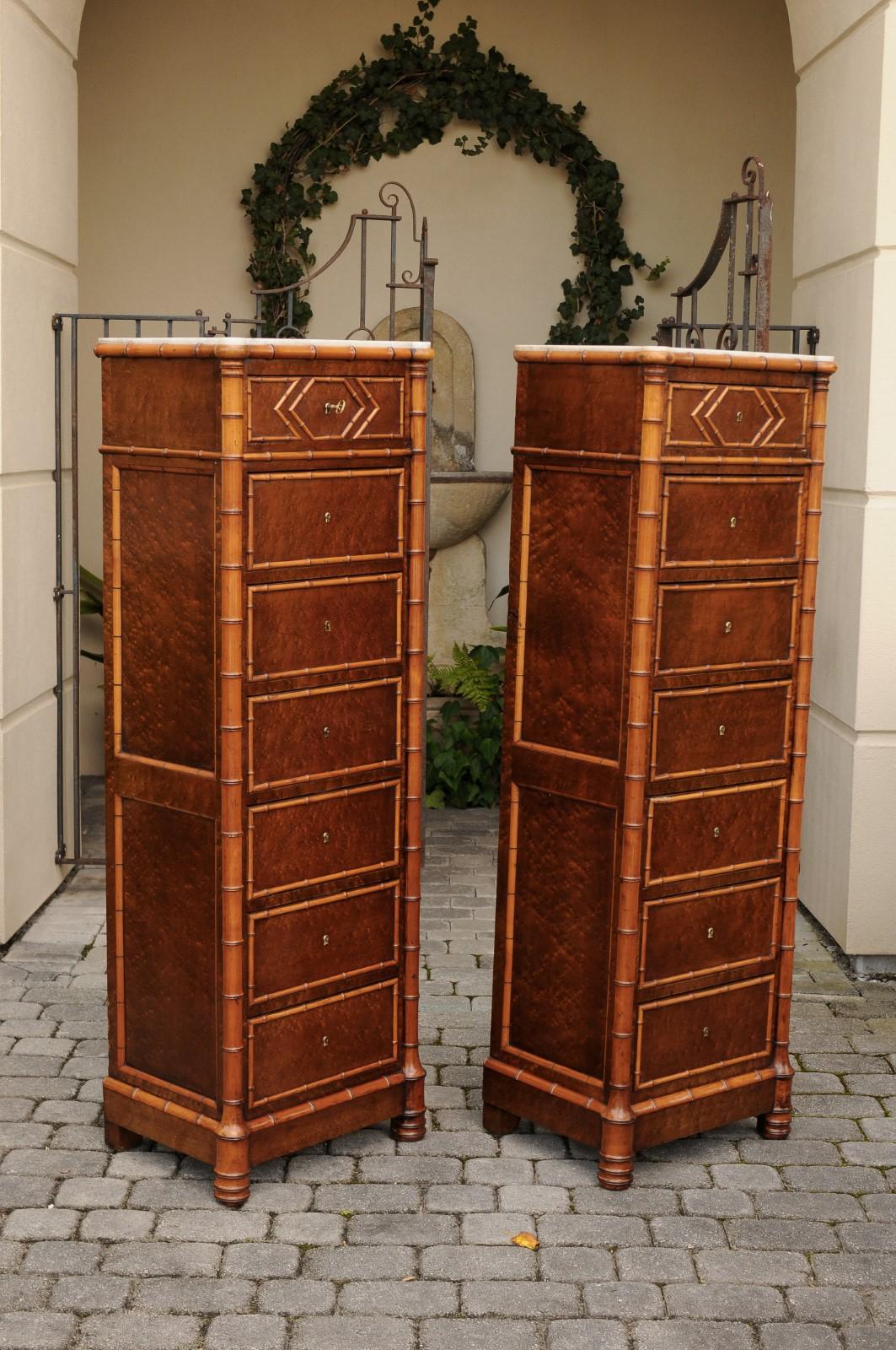 Pair of French, 1870s Faux-Bamboo and Burlwood Semainiers with Marble Tops For Sale 6