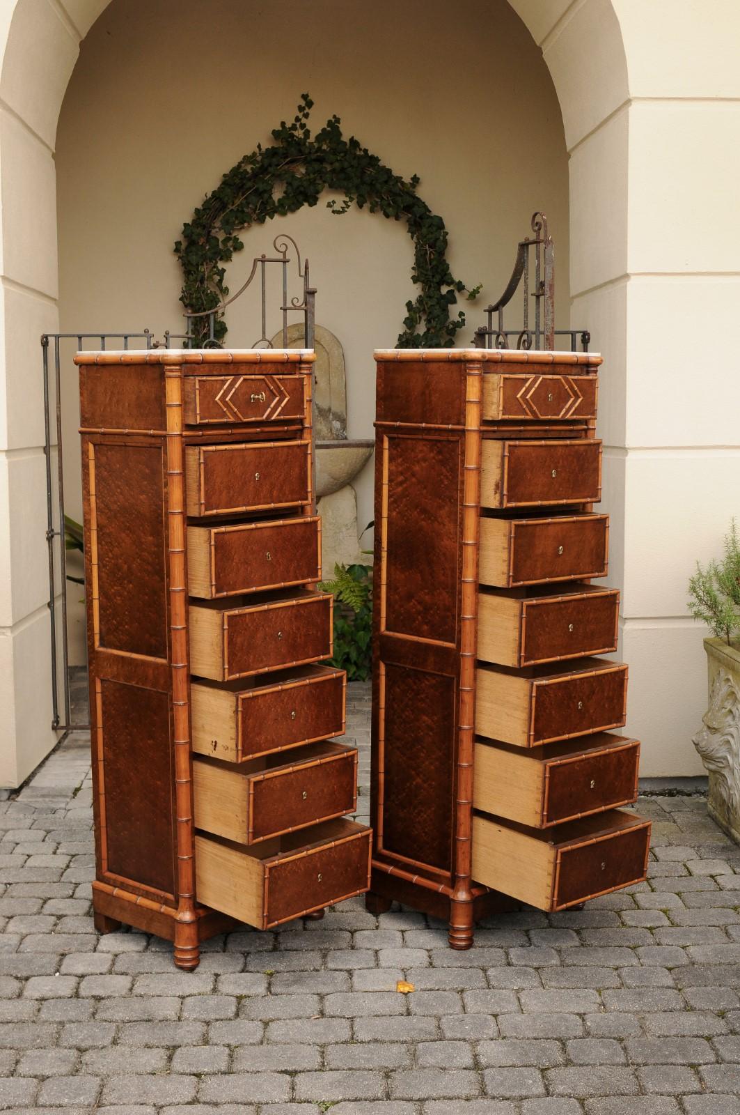Pair of French, 1870s Faux-Bamboo and Burlwood Semainiers with Marble Tops For Sale 7