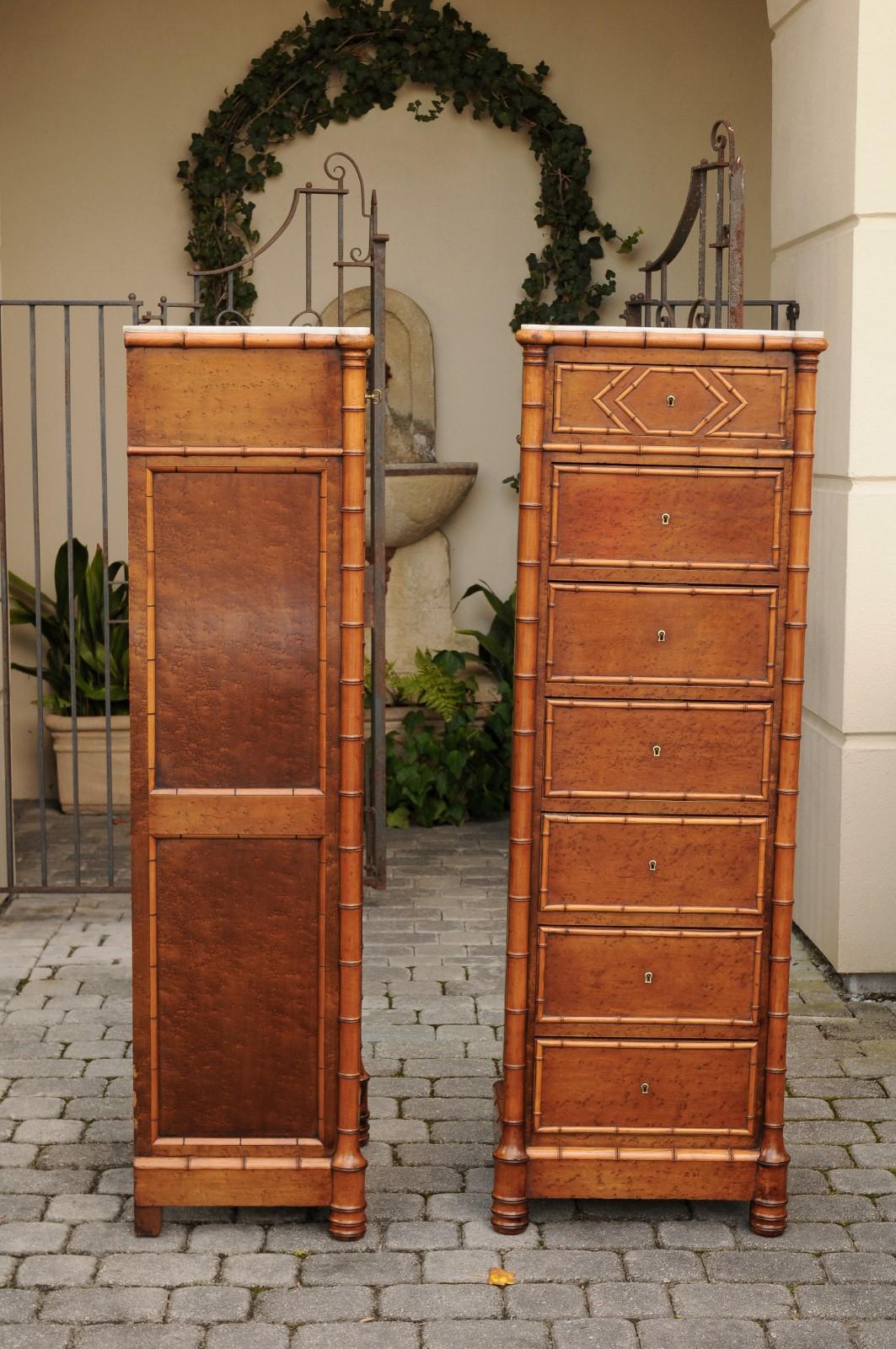 Pair of French, 1870s Faux-Bamboo and Burlwood Semainiers with Marble Tops For Sale 9