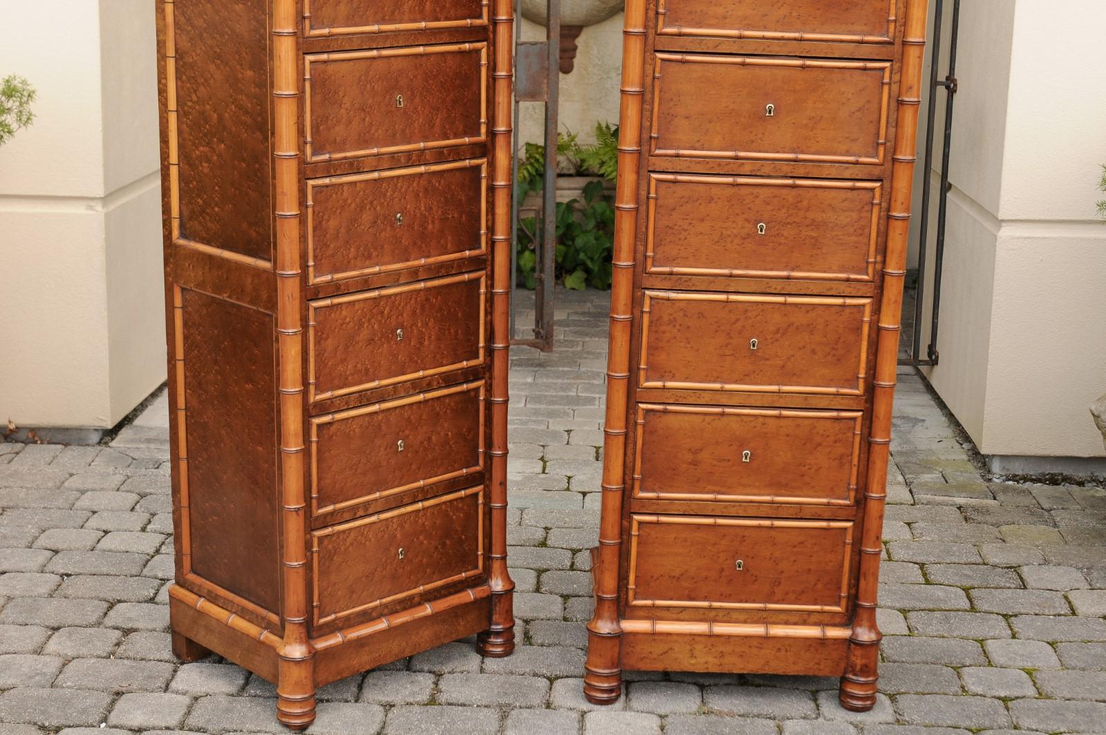 Pair of French, 1870s Faux-Bamboo and Burlwood Semainiers with Marble Tops For Sale 14