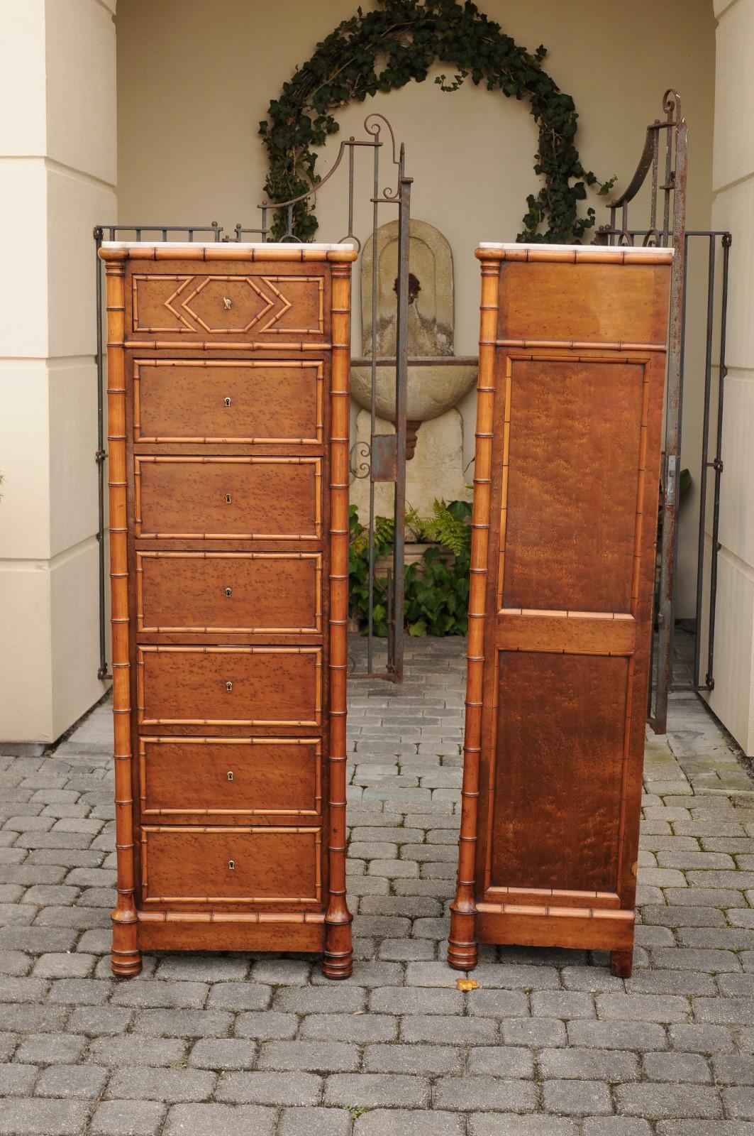Pair of French, 1870s Faux-Bamboo and Burlwood Semainiers with Marble Tops In Good Condition For Sale In Atlanta, GA