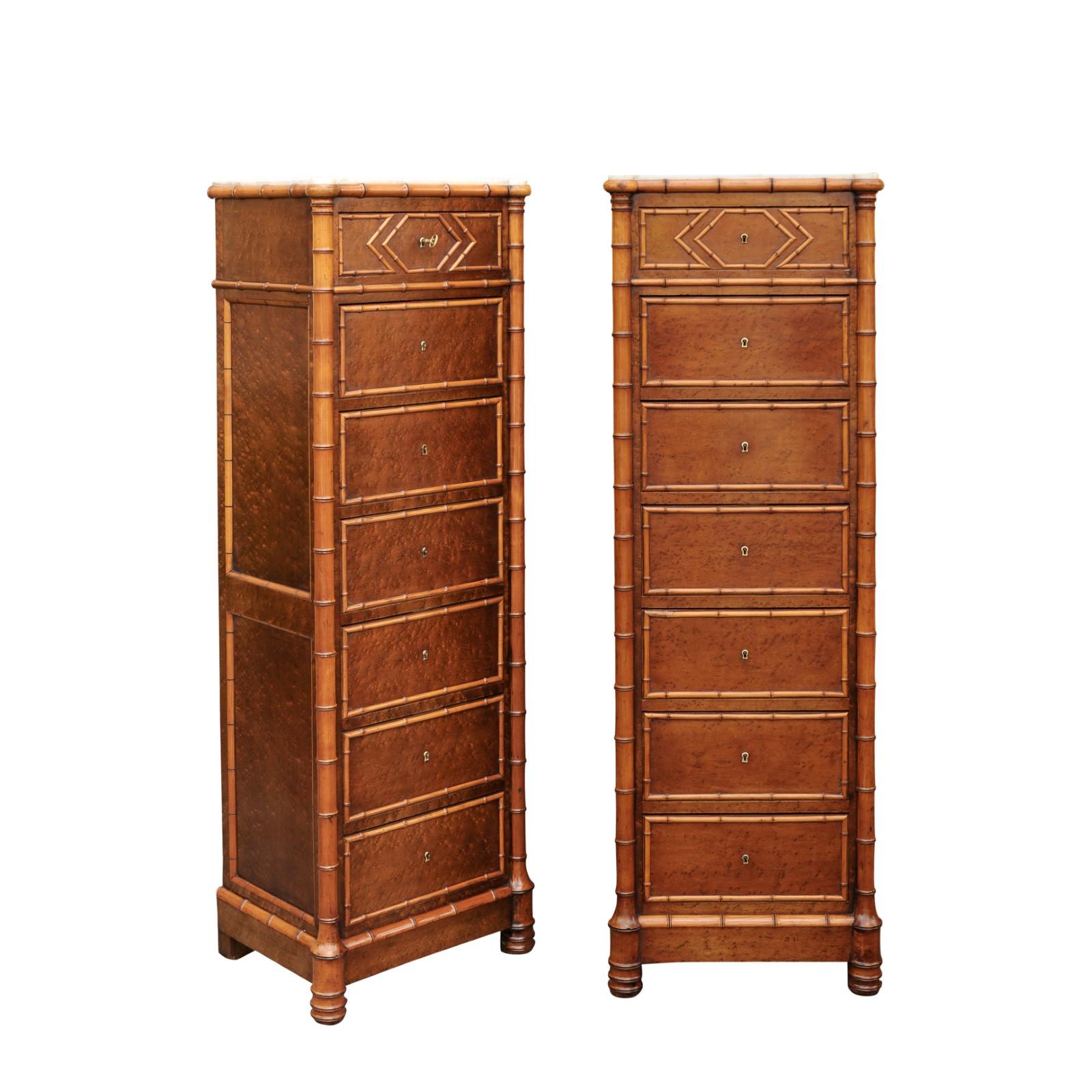 Pair of French, 1870s Faux-Bamboo and Burlwood Semainiers with Marble Tops For Sale