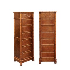 Antique Pair of French, 1870s Faux-Bamboo and Burlwood Semainiers with Marble Tops