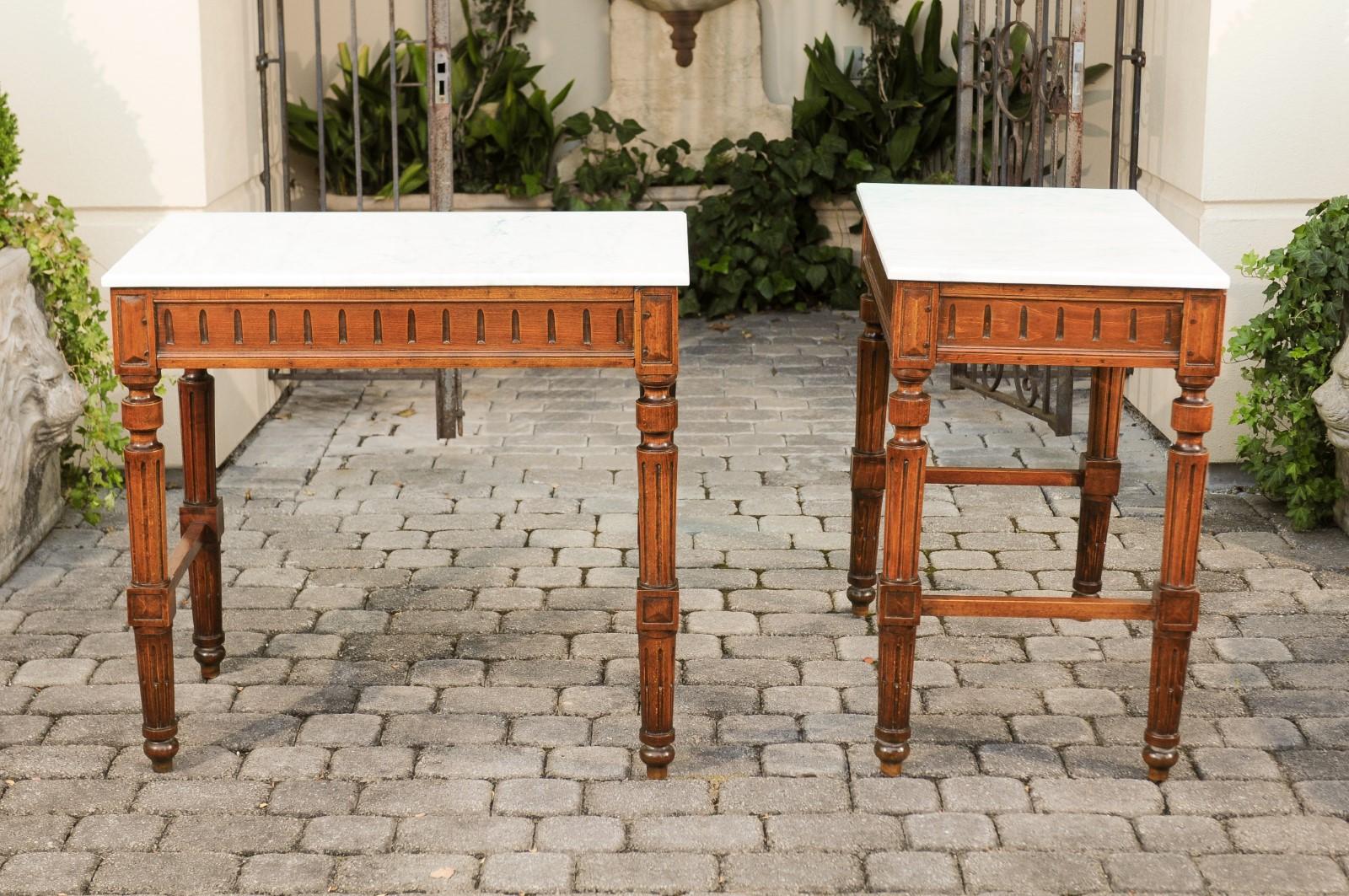 19th Century Pair of French 1870s Neoclassical Style Wooden Console Tables with Marble Tops For Sale