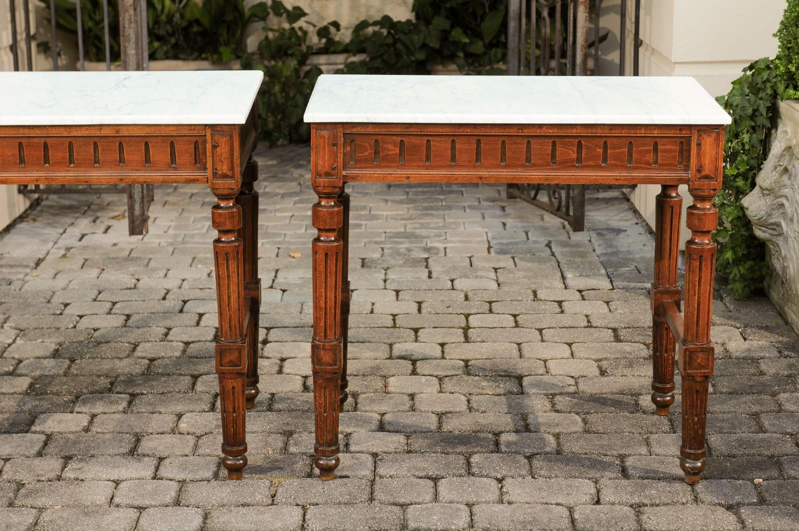 Pair of French 1870s Neoclassical Style Wooden Console Tables with Marble Tops For Sale 4