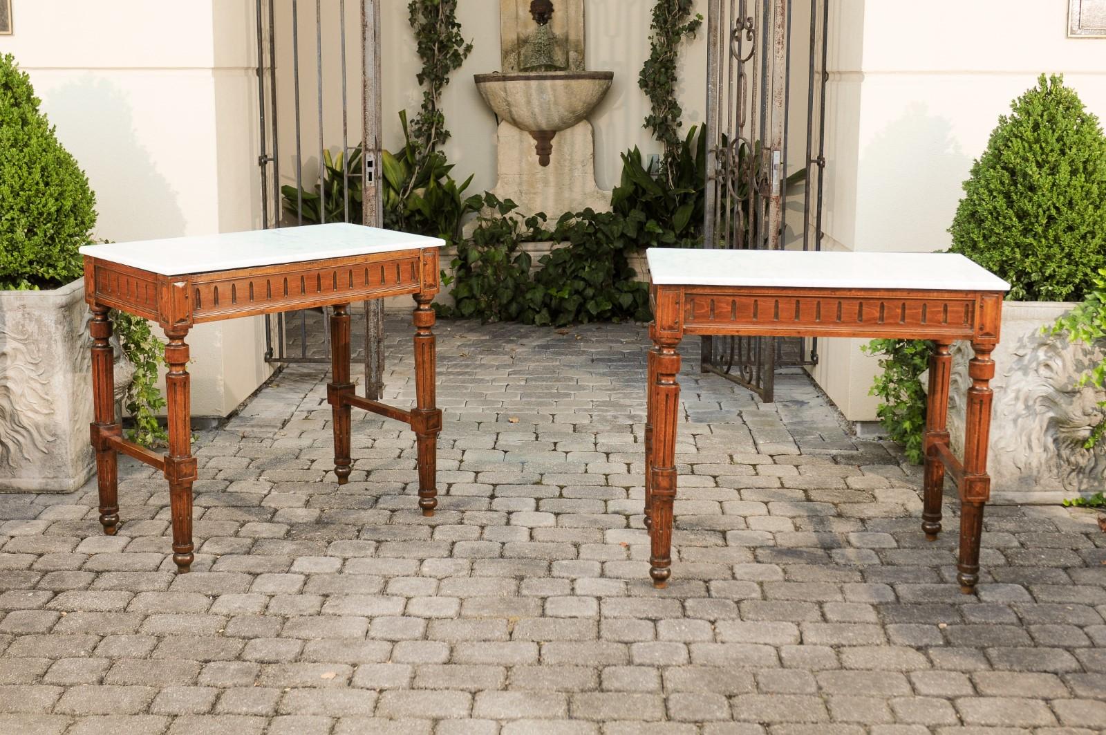 Pair of French 1870s Neoclassical Style Wooden Console Tables with Marble Tops For Sale 5