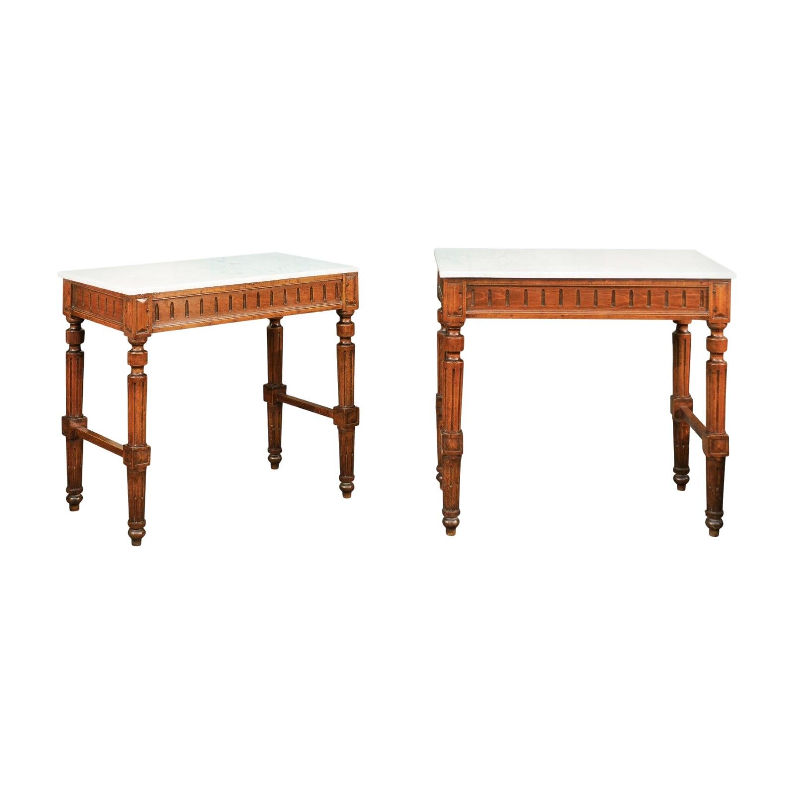 Pair of French 1870s Neoclassical Style Wooden Console Tables with Marble Tops For Sale