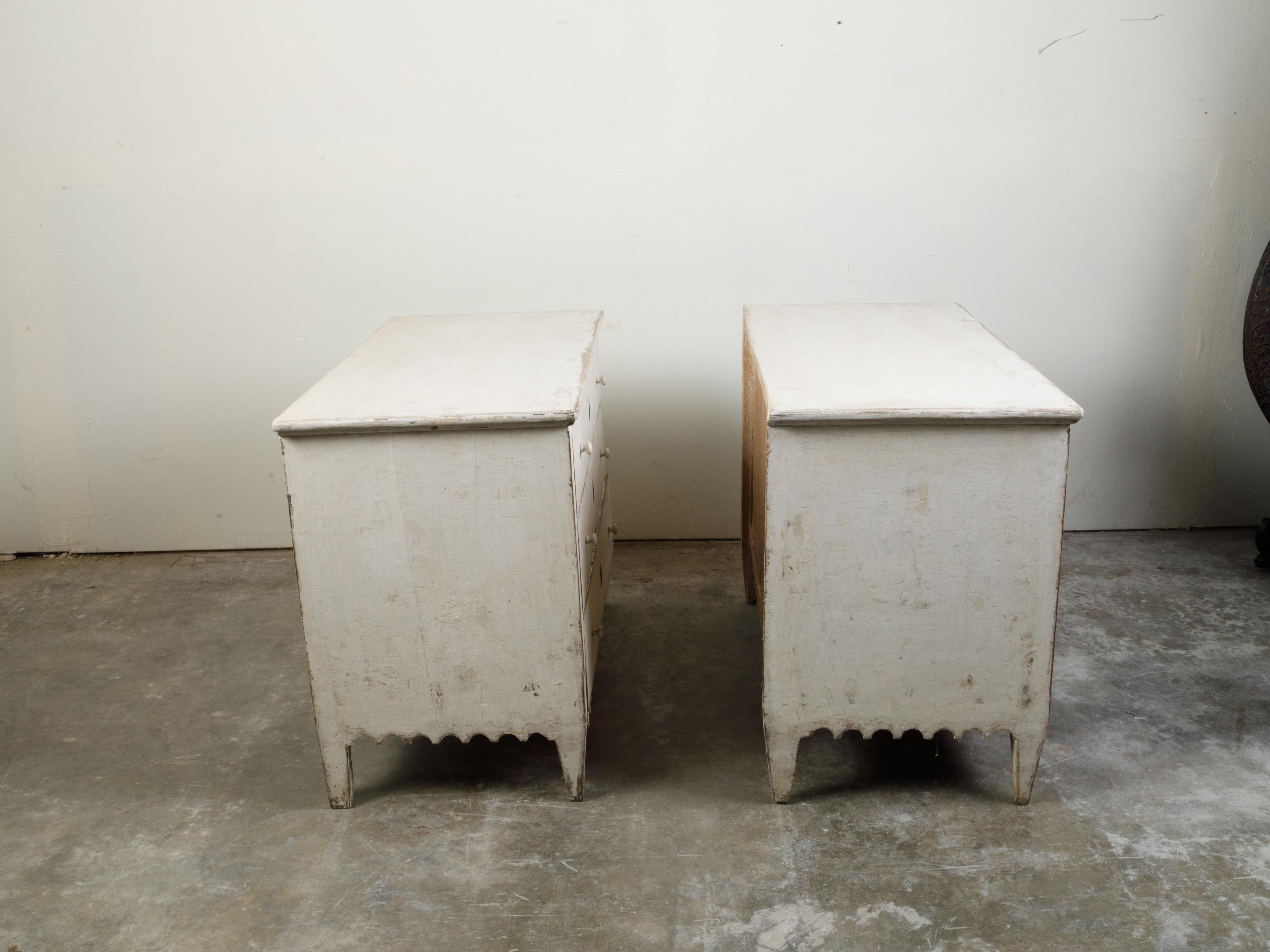 Wood Pair of French 1870s Three-Drawer Commodes with Scalloped Aprons and New Paint