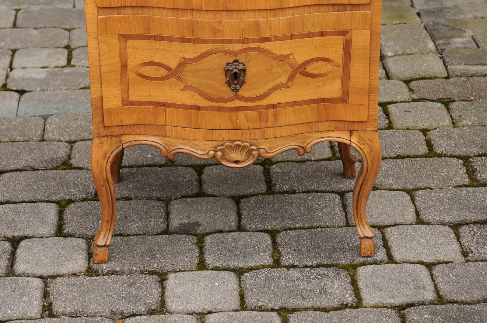 Inlay Pair of French 1870s Walnut Louis XV Style Small Commodes with Inlaid Cartouches