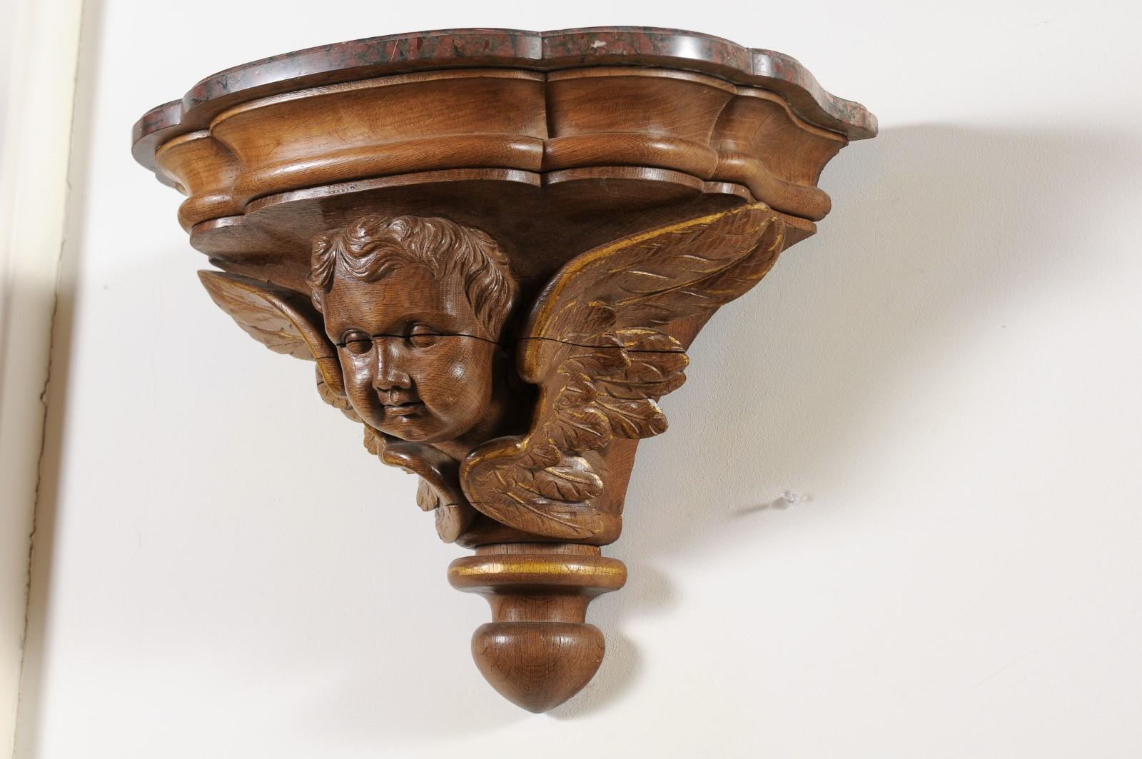 Pair of French 1880s Carved Walnut Brackets with Cherubs and Faux Marble Tops For Sale 8