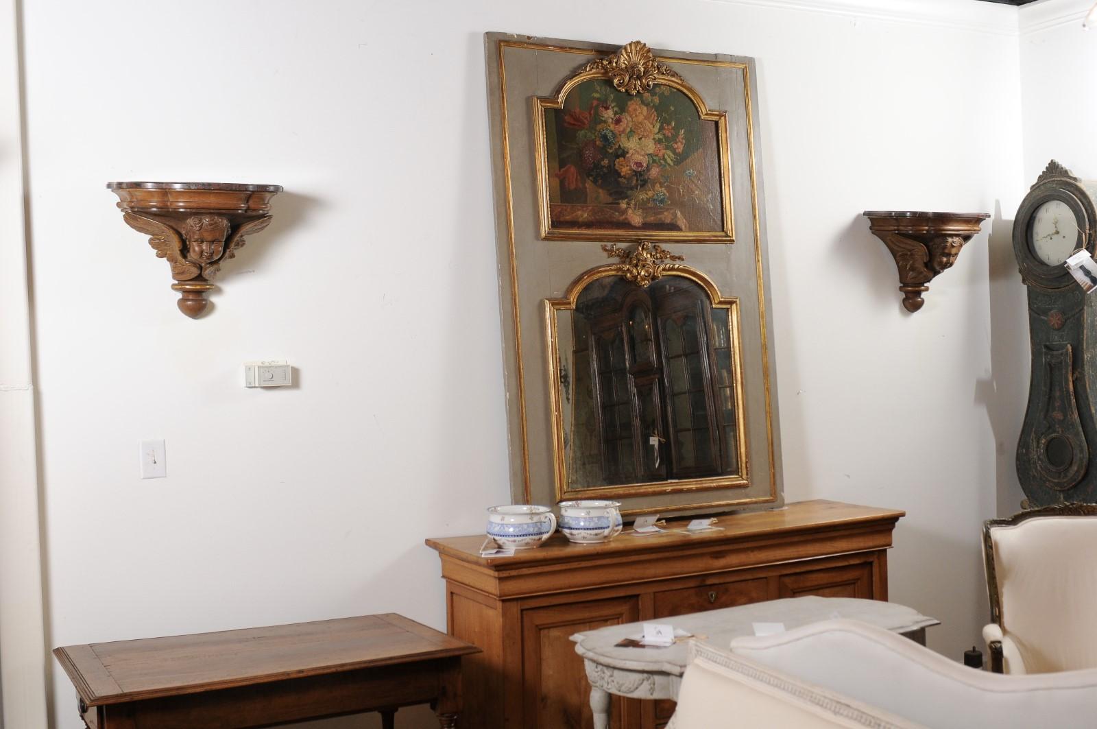 Pair of French 1880s Carved Walnut Brackets with Cherubs and Faux Marble Tops For Sale 13