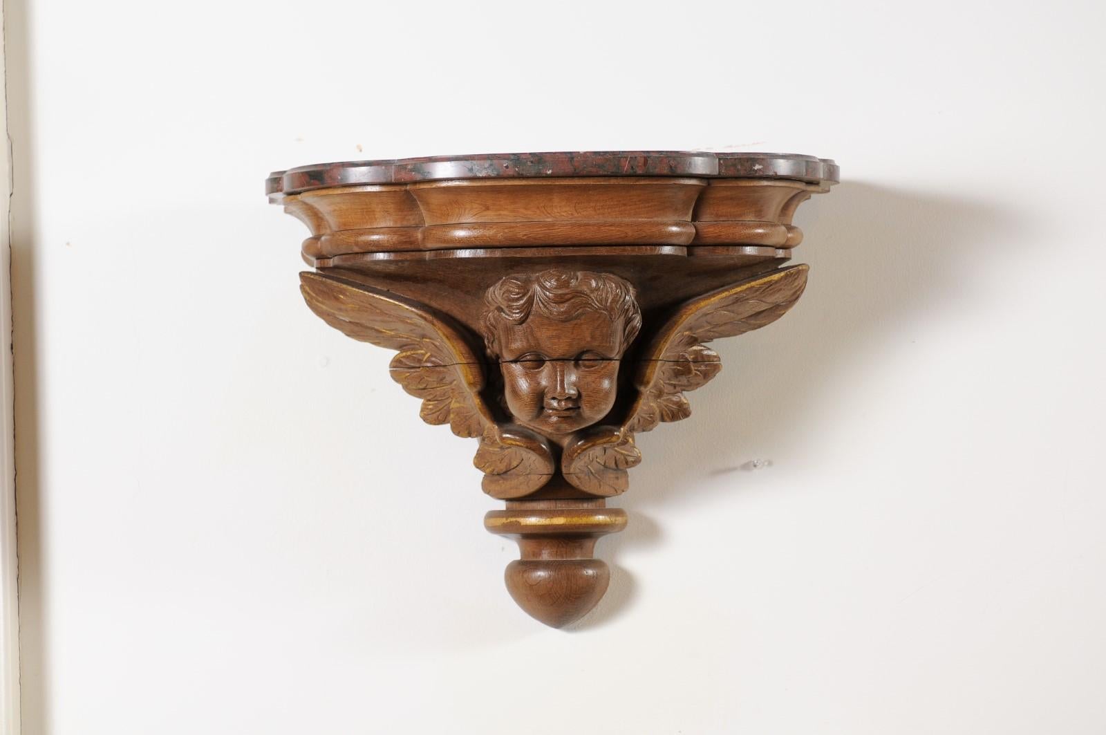 Pair of French 1880s Carved Walnut Brackets with Cherubs and Faux Marble Tops For Sale 5