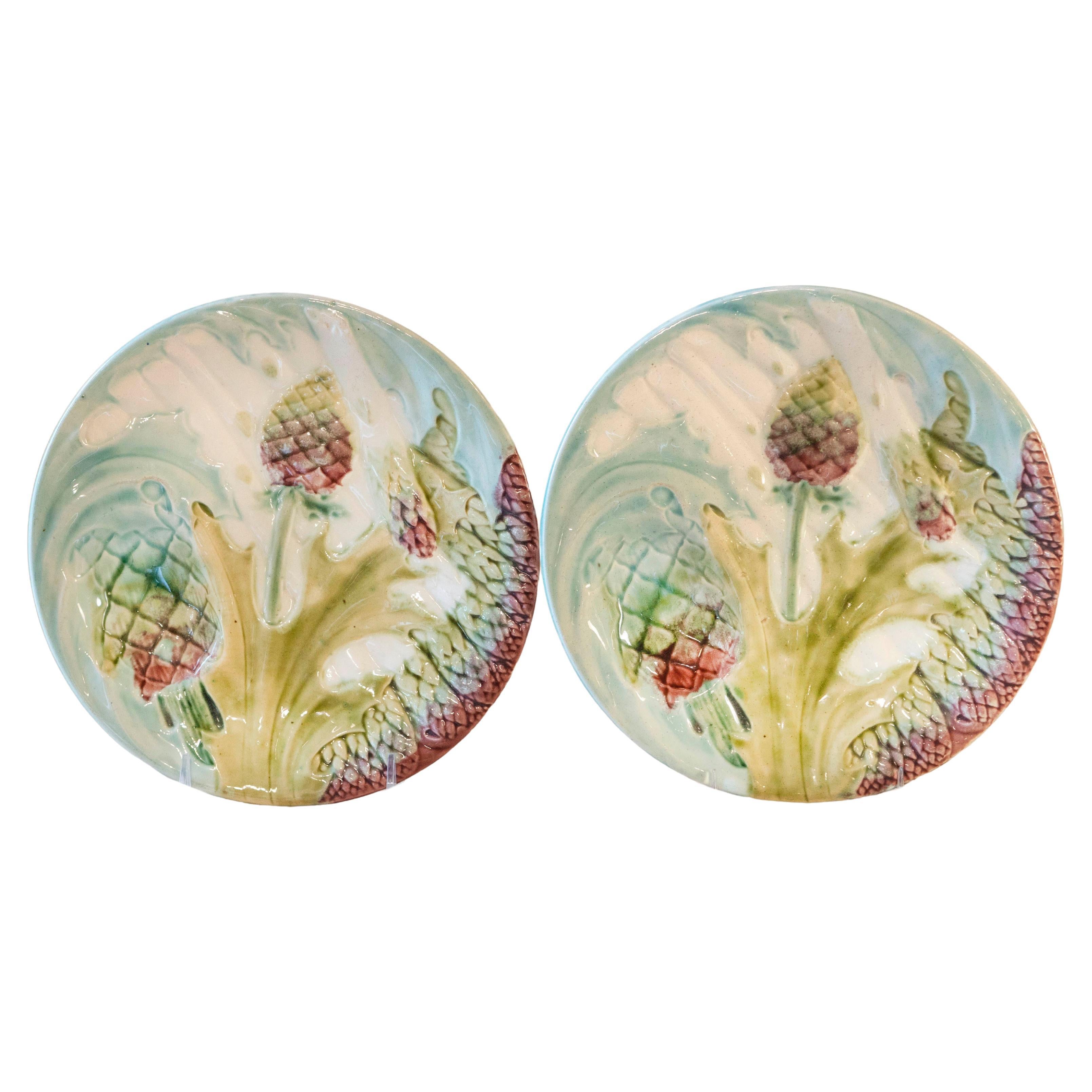 Pair of French 1880s Lunéville Majolica Asparagus and Artichoke Dinner Plates
