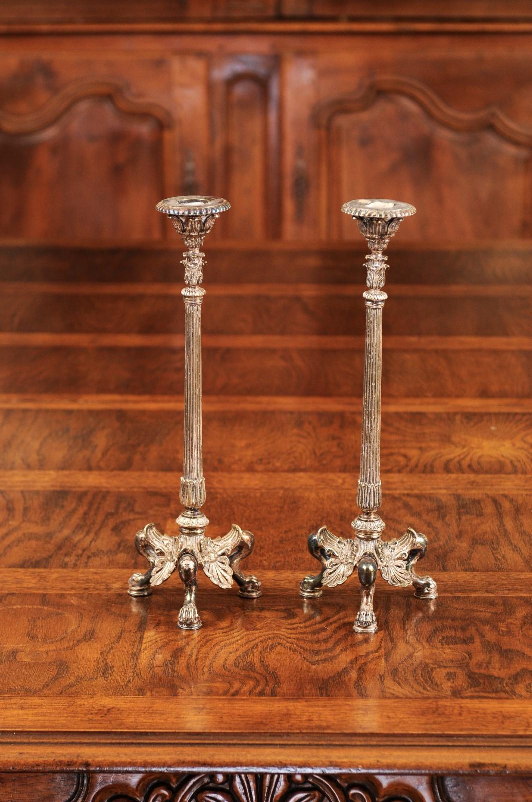 Pair of French 1880s Silver Candlesticks with Foliage, Palmettes and Lion Paws 6
