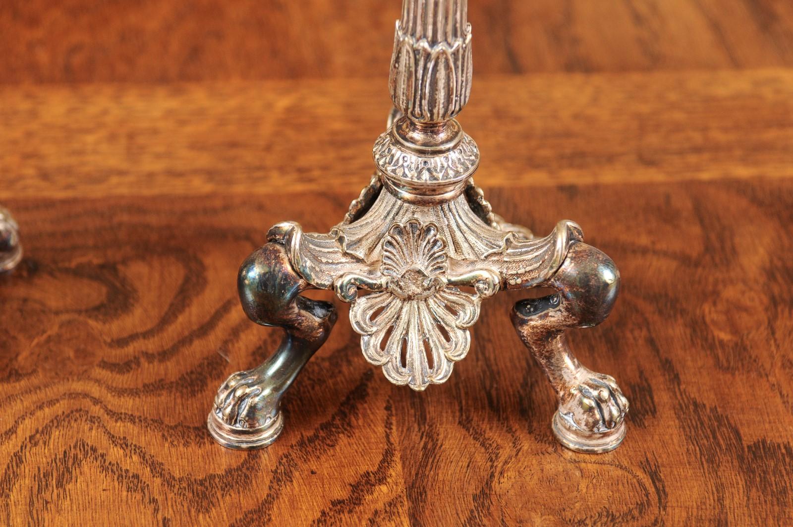 Pair of French 1880s Silver Candlesticks with Foliage, Palmettes and Lion Paws 8